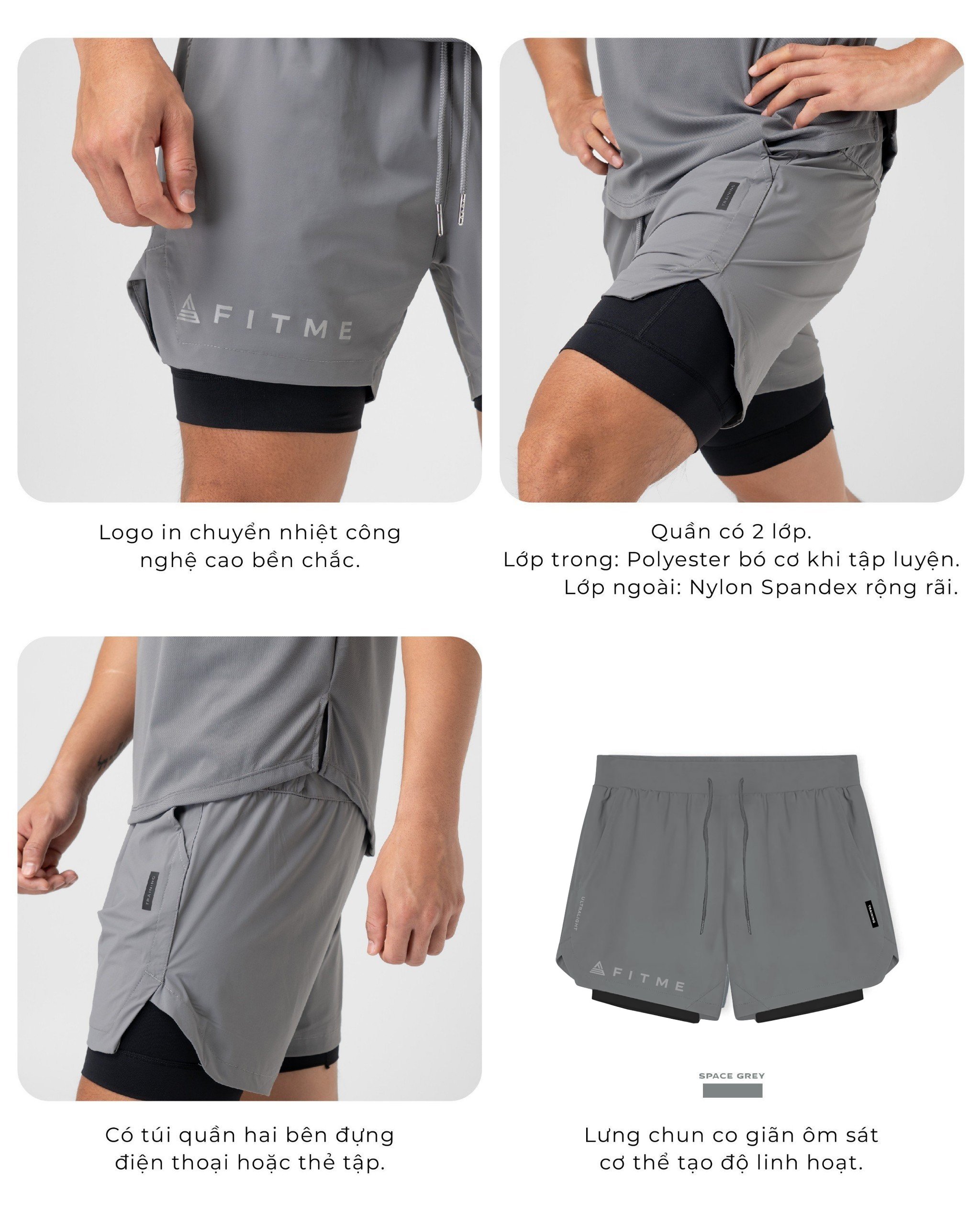 Mô tả Quần đùi thể thao nam 2 lớp Fitme tập gym chạy bộ thun co giãn thoáng khí QN2L03 - 2