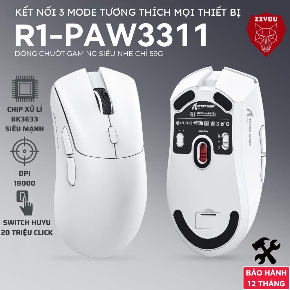 Chuột Attack Shark R1 với mắt đọc Pixart 3311