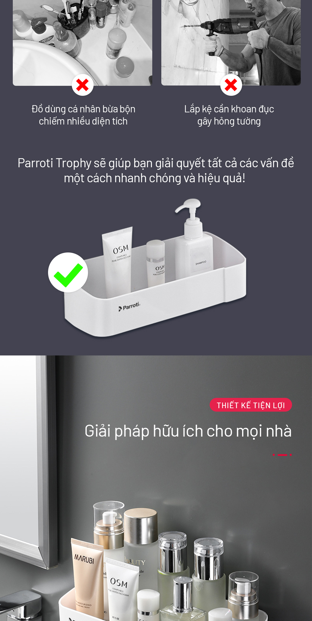 Mô tả Giá để đồ nhà tắm đa năng, kệ để đồ nhà bếp, kệ dán tường cao cấp Parroti Trophy TP-T01 - 2