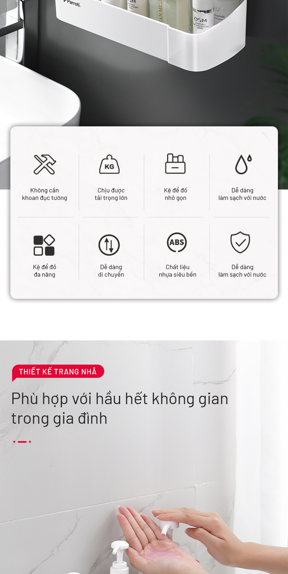 Mô tả Giá để đồ nhà tắm đa năng, kệ để đồ nhà bếp, kệ dán tường cao cấp Parroti Trophy TP-T01 - 3