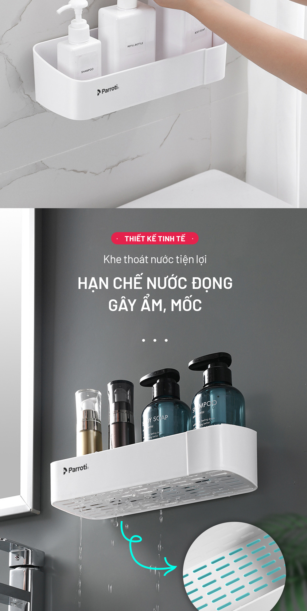 Mô tả Giá để đồ nhà tắm đa năng, kệ để đồ nhà bếp, kệ dán tường cao cấp Parroti Trophy TP-T01 - 4
