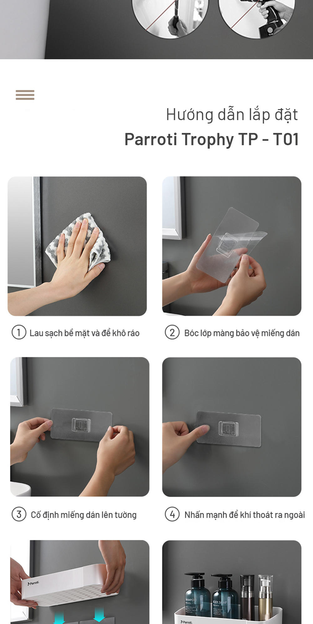 Mô tả Giá để đồ nhà tắm đa năng, kệ để đồ nhà bếp, kệ dán tường cao cấp Parroti Trophy TP-T01 - 7