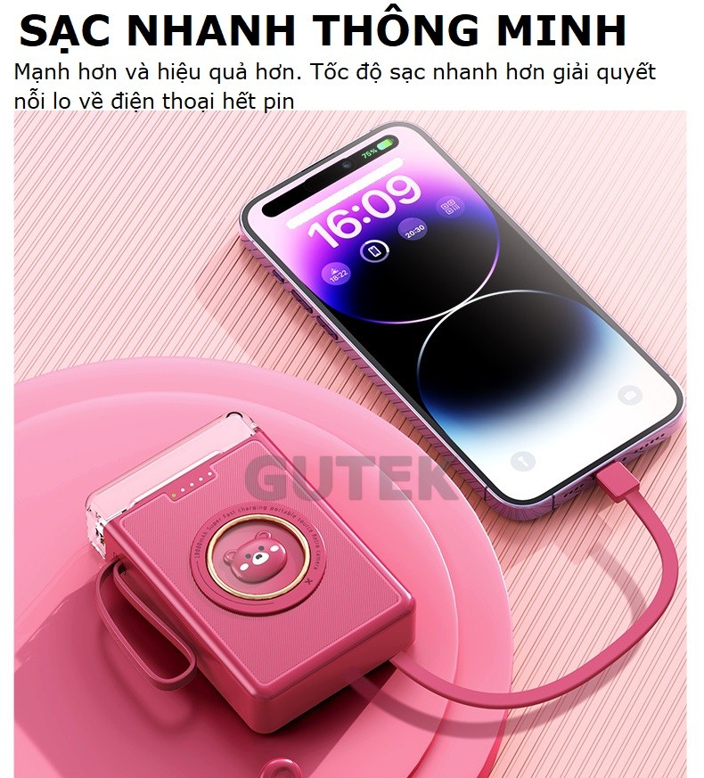 Mô tả Sạc dự phòng 20000mah 10000mah sạc nhanh pin dung lượng lớn có dây sạc cho điện thoại - Gutek YM833 - 1