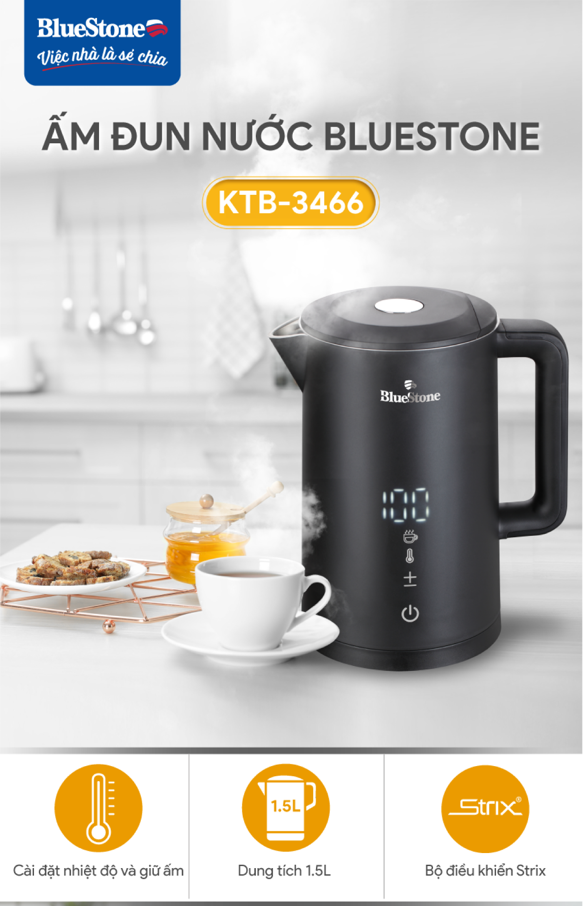 Mô tả Ấm Đun Nước 2 Lớp Cảm Ứng BlueStone KTB-3466 - 1,5 Lít - 2200W - Bộ điều khiển  Strix - 1