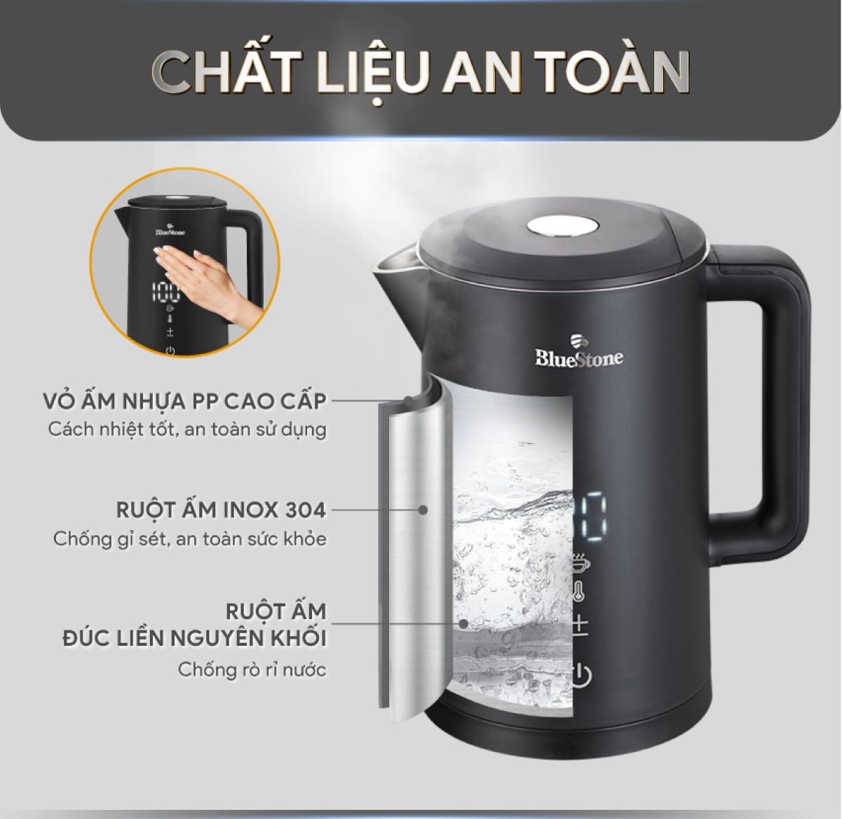 Mô tả Ấm Đun Nước 2 Lớp Cảm Ứng BlueStone KTB-3466 - 1,5 Lít - 2200W - Bộ điều khiển  Strix - 7