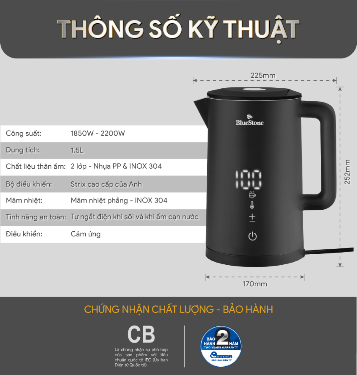 Mô tả Ấm Đun Nước 2 Lớp Cảm Ứng BlueStone KTB-3466 - 1,5 Lít - 2200W - Bộ điều khiển  Strix - 8