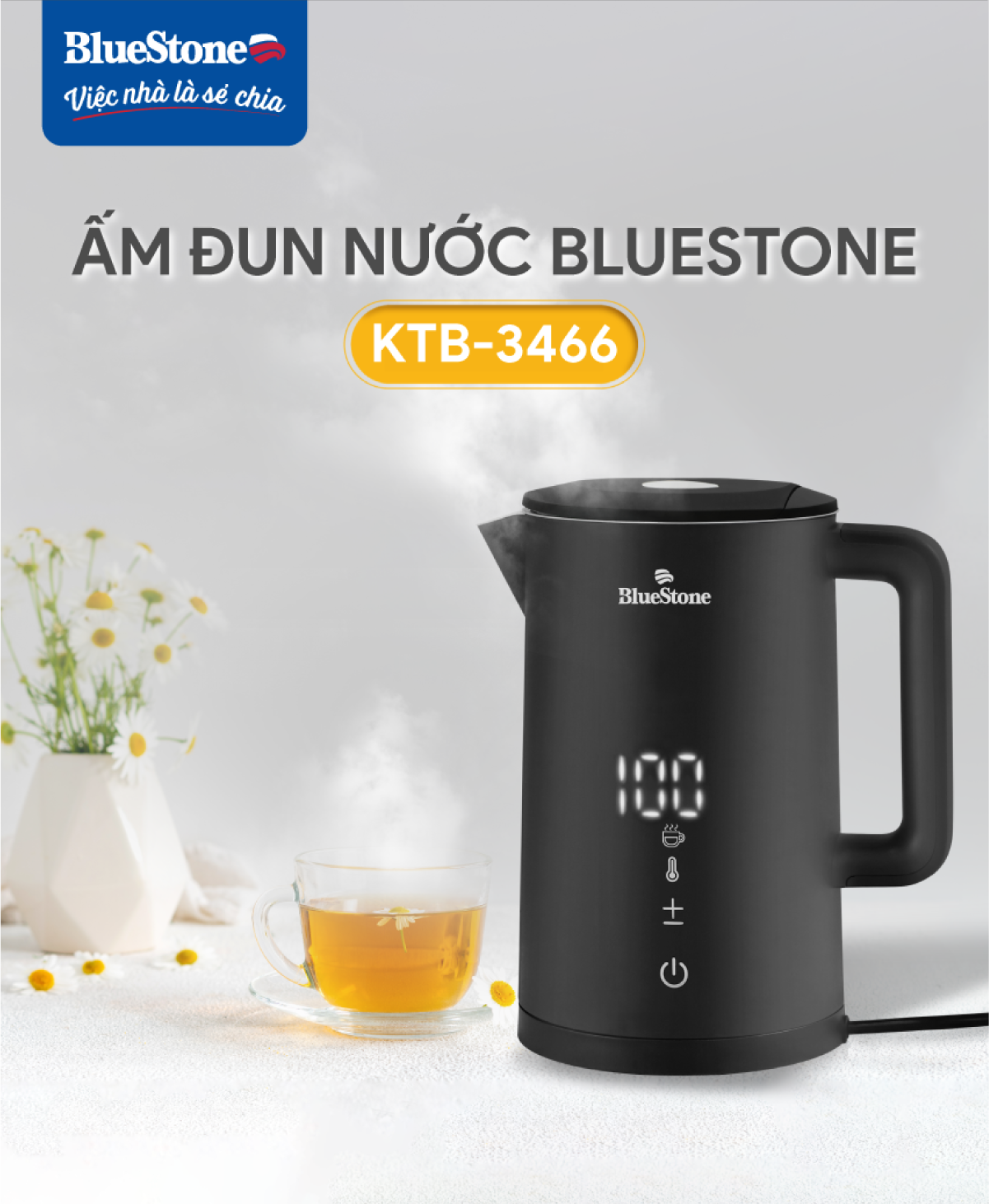 Mô tả Ấm Đun Nước 2 Lớp Cảm Ứng BlueStone KTB-3466 - 1,5 Lít - 2200W - Bộ điều khiển  Strix - 9