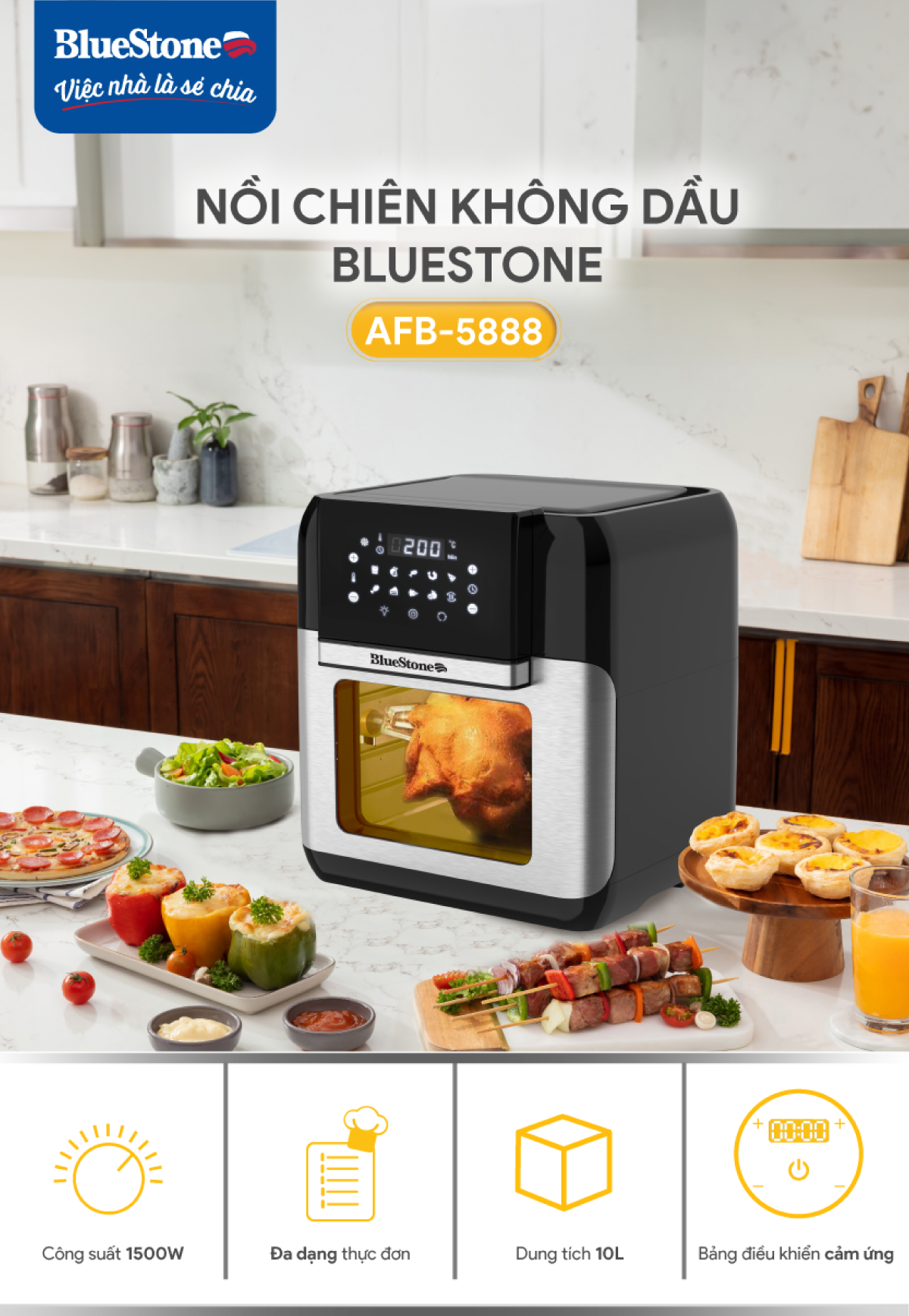 Mô tả Nồi Chiên Không Dầu Điện Tử BlueStone AFB-5888 - 10 Lít - 1800W - 1