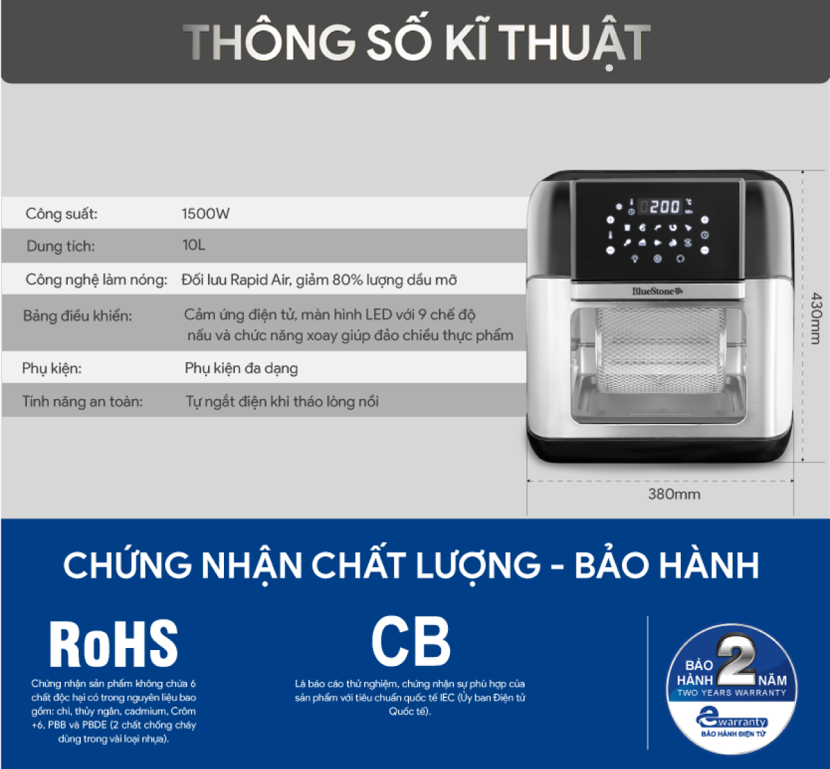 Mô tả Nồi Chiên Không Dầu Điện Tử BlueStone AFB-5888 - 10 Lít - 1800W - 5