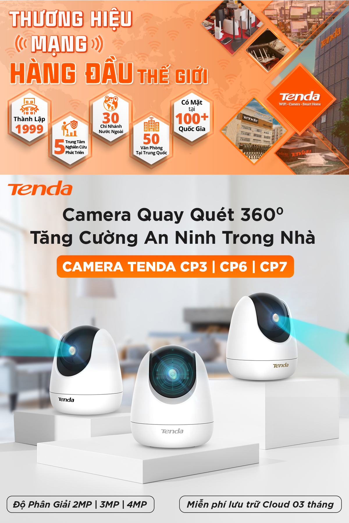 Mô tả Camera Wifi Tenda Trong Nhà CP3/RP3/RP7 FHD 1080P/2MP/3MP/5MP/2K Quay Quét 360°, Đàm Thoại 2 Chiều - 1