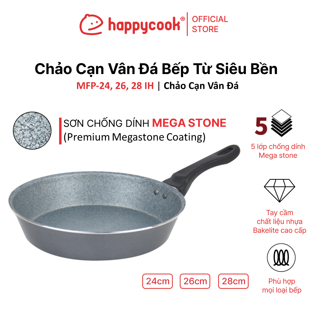 Mô tả Chảo Cạn Vân Đá Bếp Từ Siêu Bền Mega Stone 24, 26 28cm,  HAPPYCOOK - 1