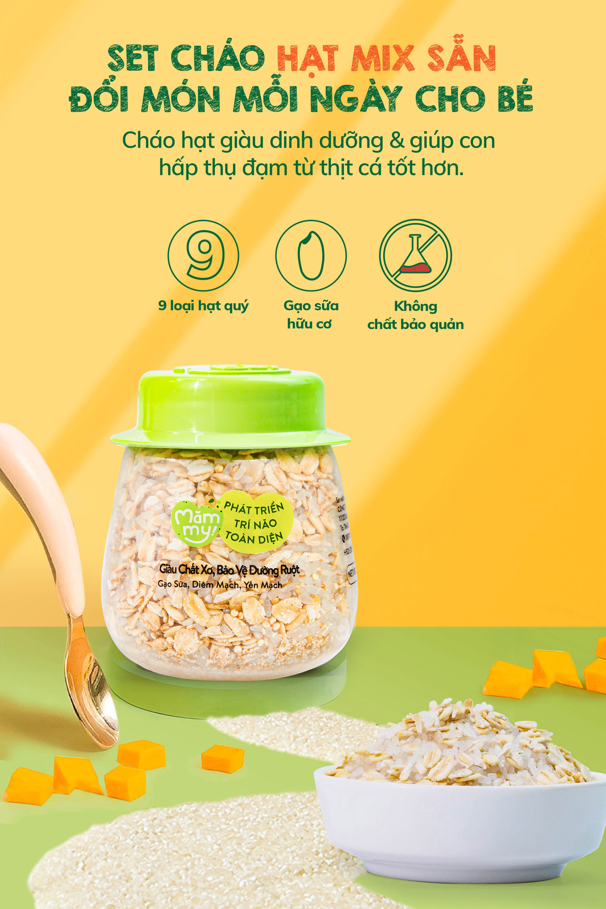 Mô tả Combo 9 hũ hạt mix sẵn Mămmy nấu cháo bổ sung dinh dưỡng cho bé ăn dặm trên 6 tháng - 12