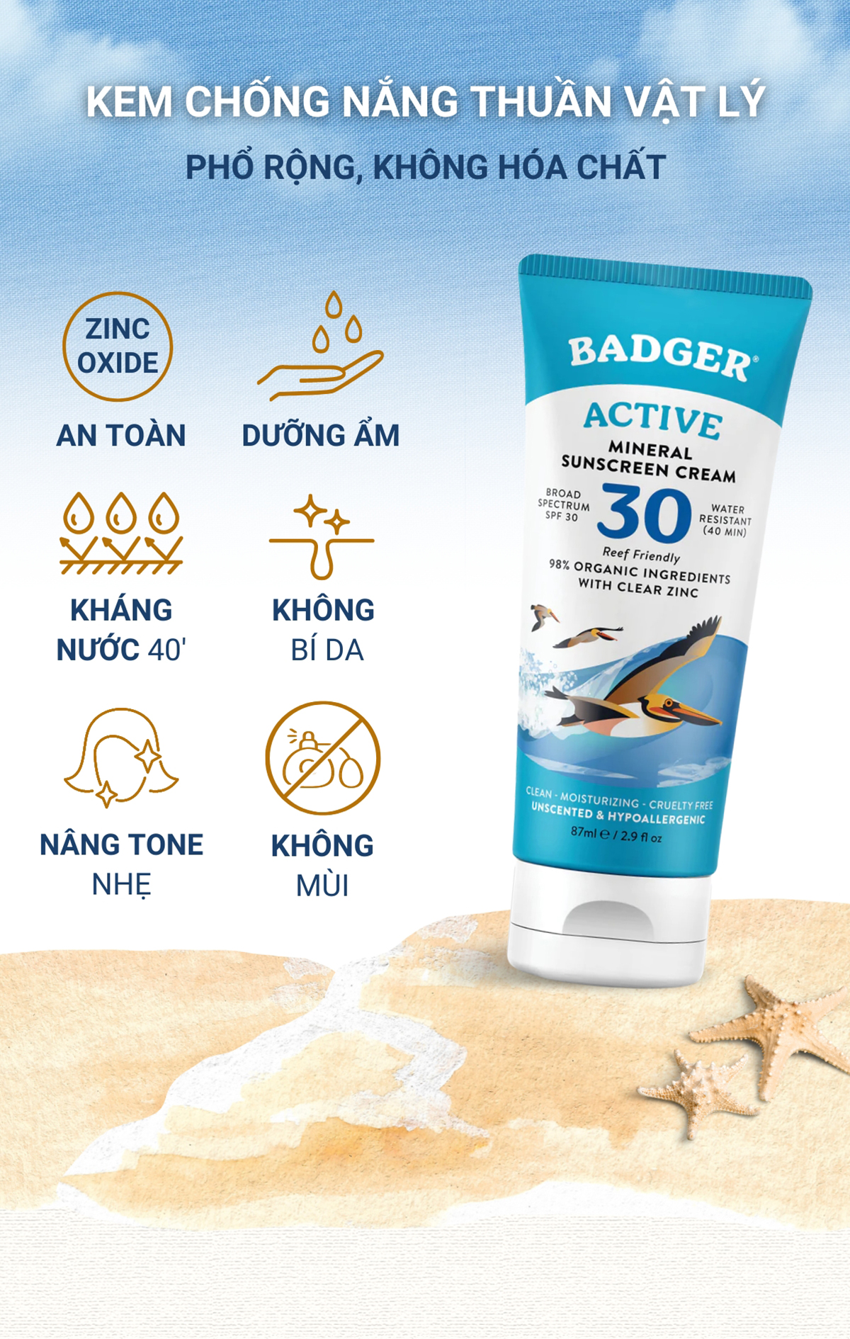 Mô tả Kem chống nắng vật lý BADGER SPF 30 Active Sunscreen chống nắng phổ rộng hàng ngày an toàn cho mẹ bầu, da nhạy cảm 87ml - 1