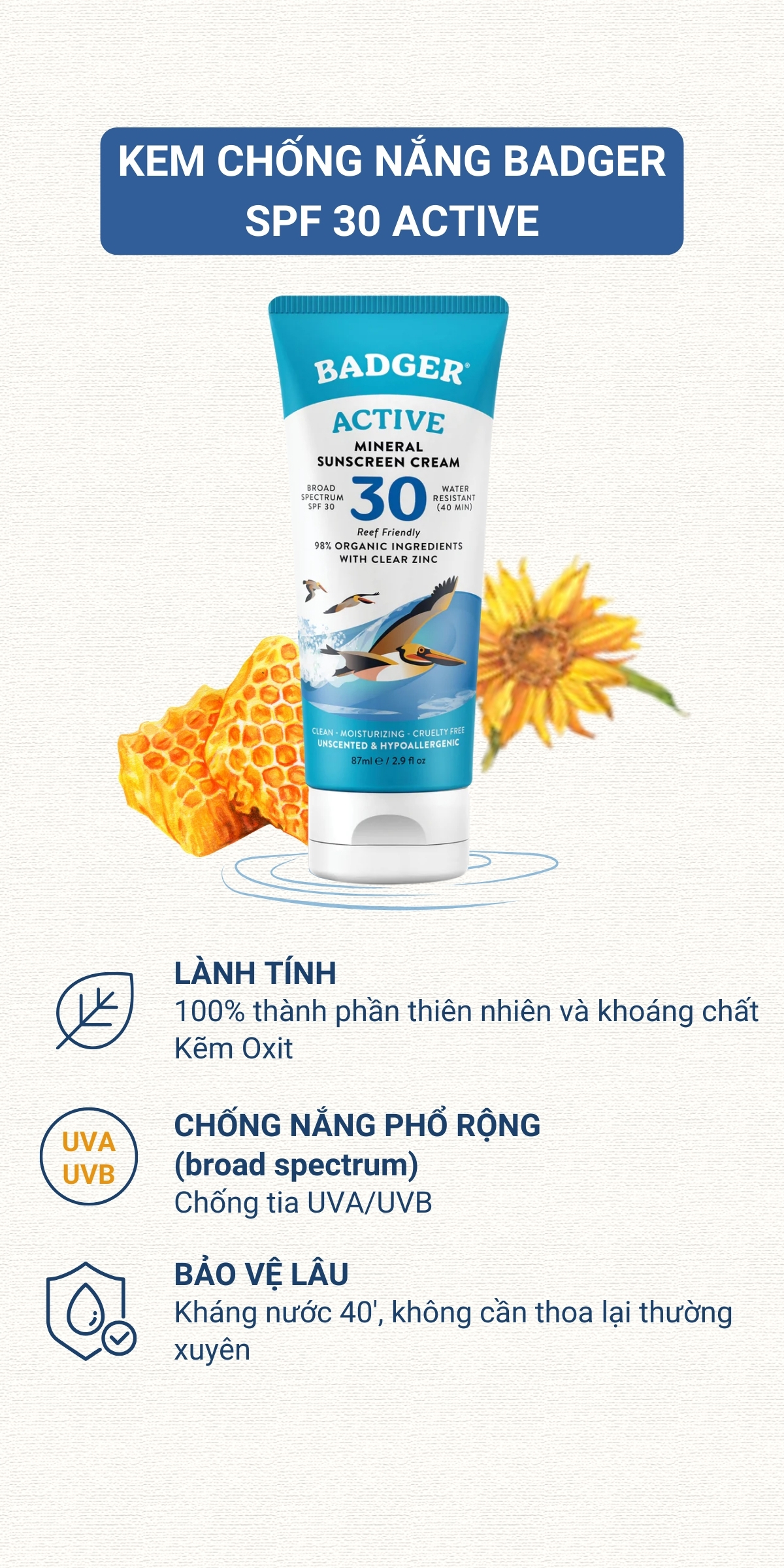 Mô tả Kem chống nắng vật lý BADGER SPF 30 Active Sunscreen chống nắng phổ rộng hàng ngày an toàn cho mẹ bầu, da nhạy cảm 87ml - 4