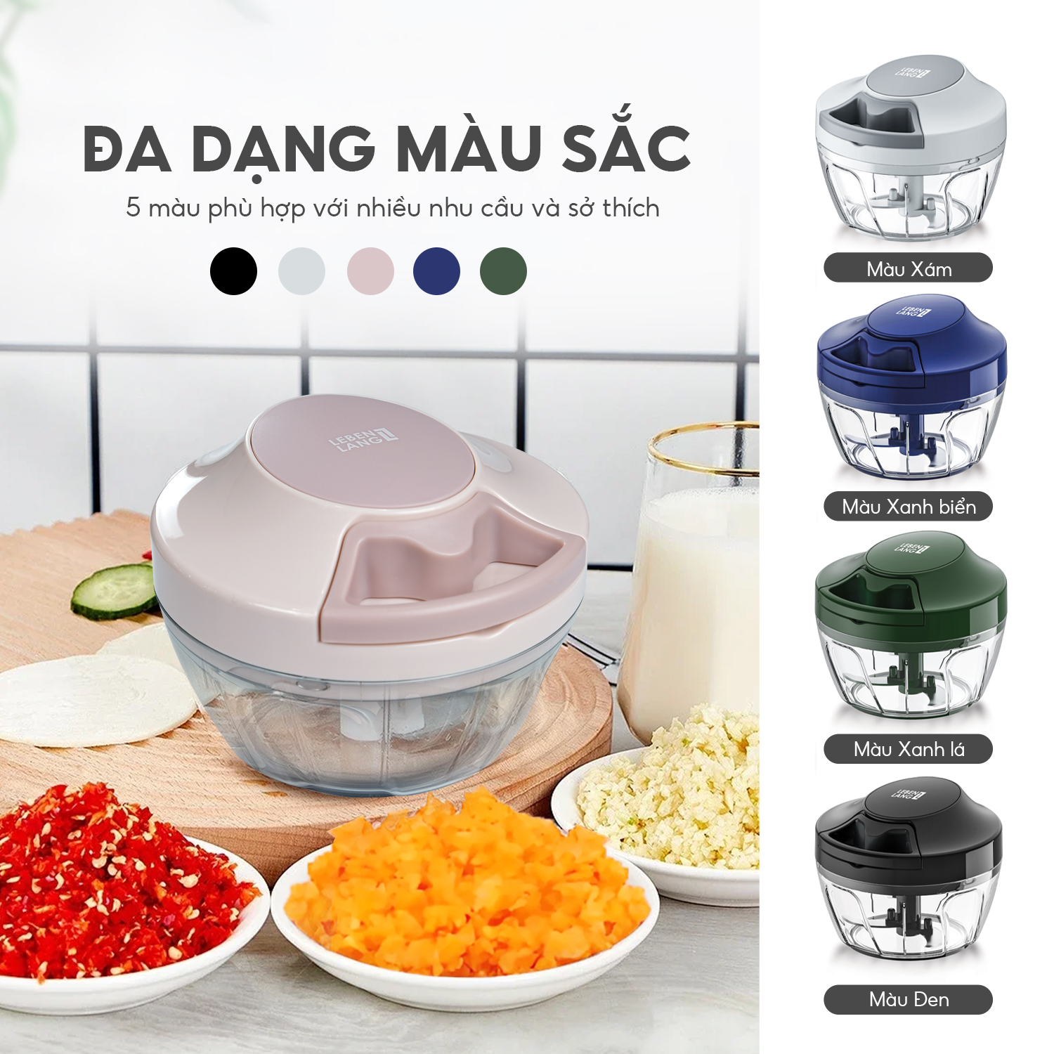 Mô tả Dụng cụ xay tỏi ớt, thực phẩm Lebenlang LBL3939, 450ml, lưỡi xay bén, dây rút tiện lợi - chính hãng - 2
