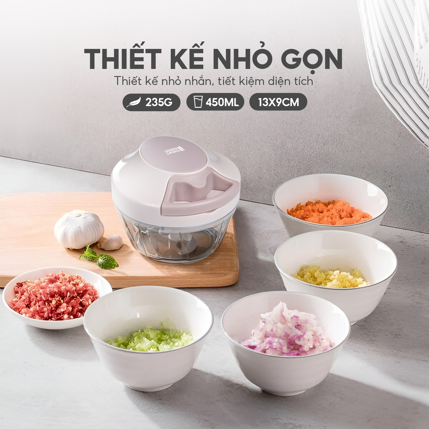 Mô tả Dụng cụ xay tỏi ớt, thực phẩm Lebenlang LBL3939, 450ml, lưỡi xay bén, dây rút tiện lợi - chính hãng - 5