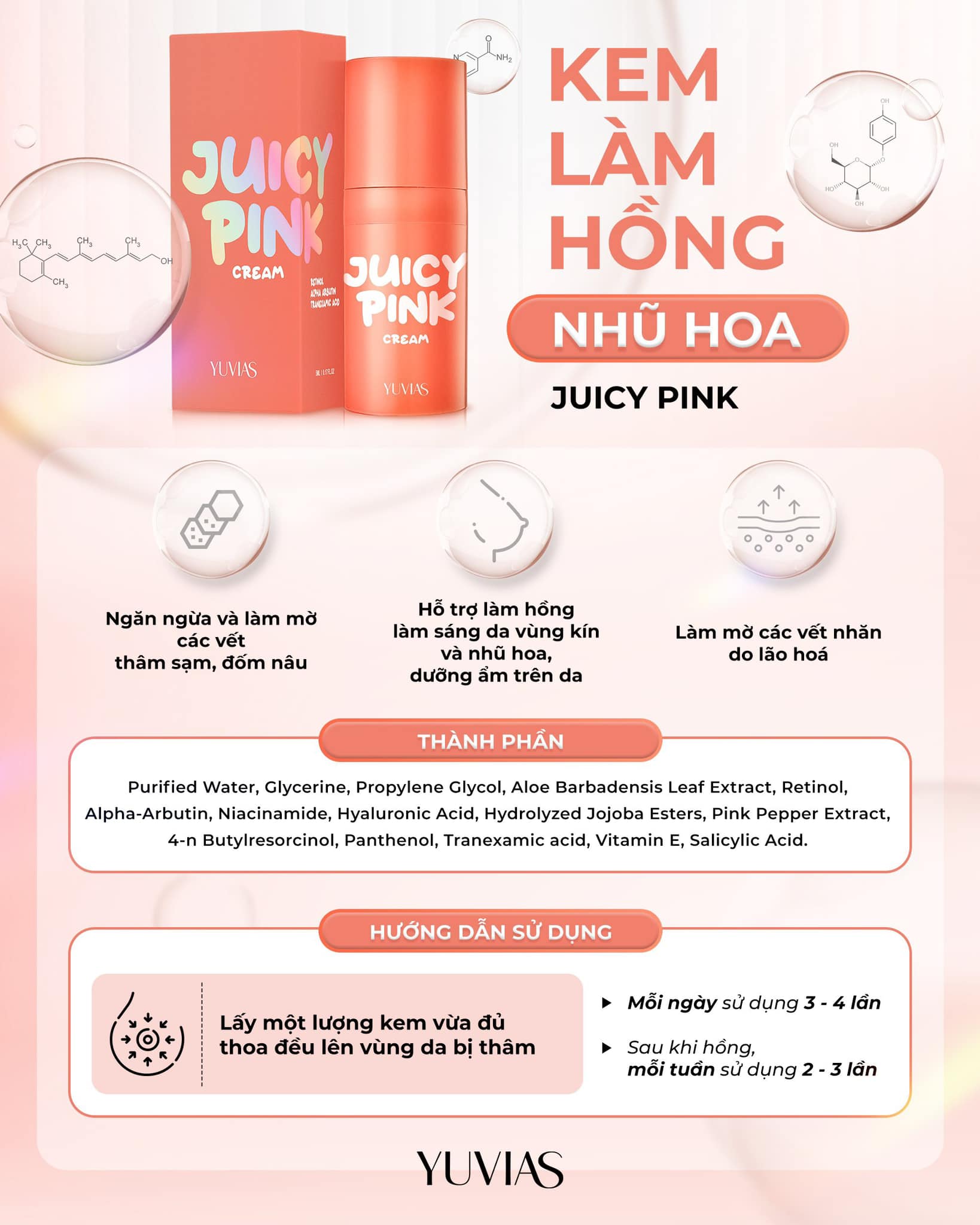 Mô tả Kem làm hồng ti, hồng nhũ hoa, bikini, dưỡng ẩm, mềm ti JUICY PINK, dung tích 5gr - YUVIAS, che tên sp - 2