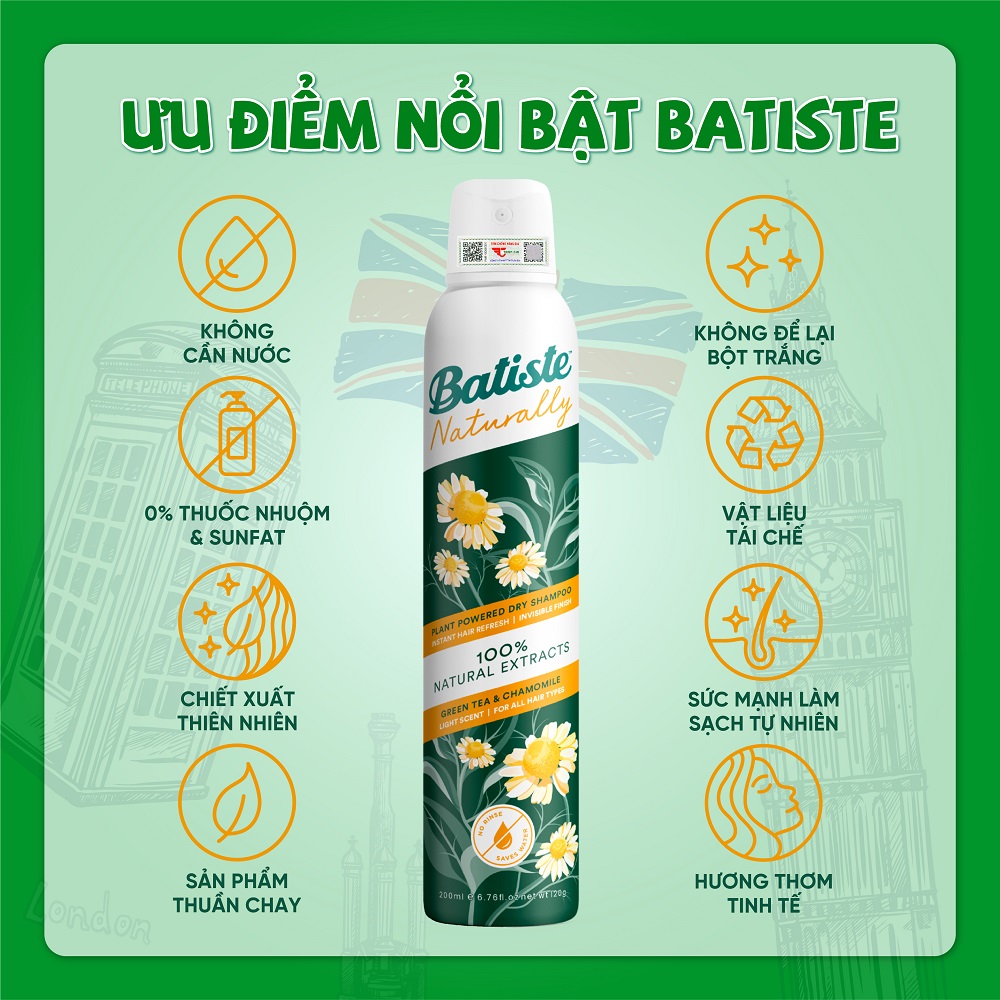 Mô tả Dầu Gội Khô Batiste Naturally 100% Thuần Chay Thiên Nhiên Từ Trà Xanh & Cúc La Mã 200ml (Greentea & Chamomile) - 1