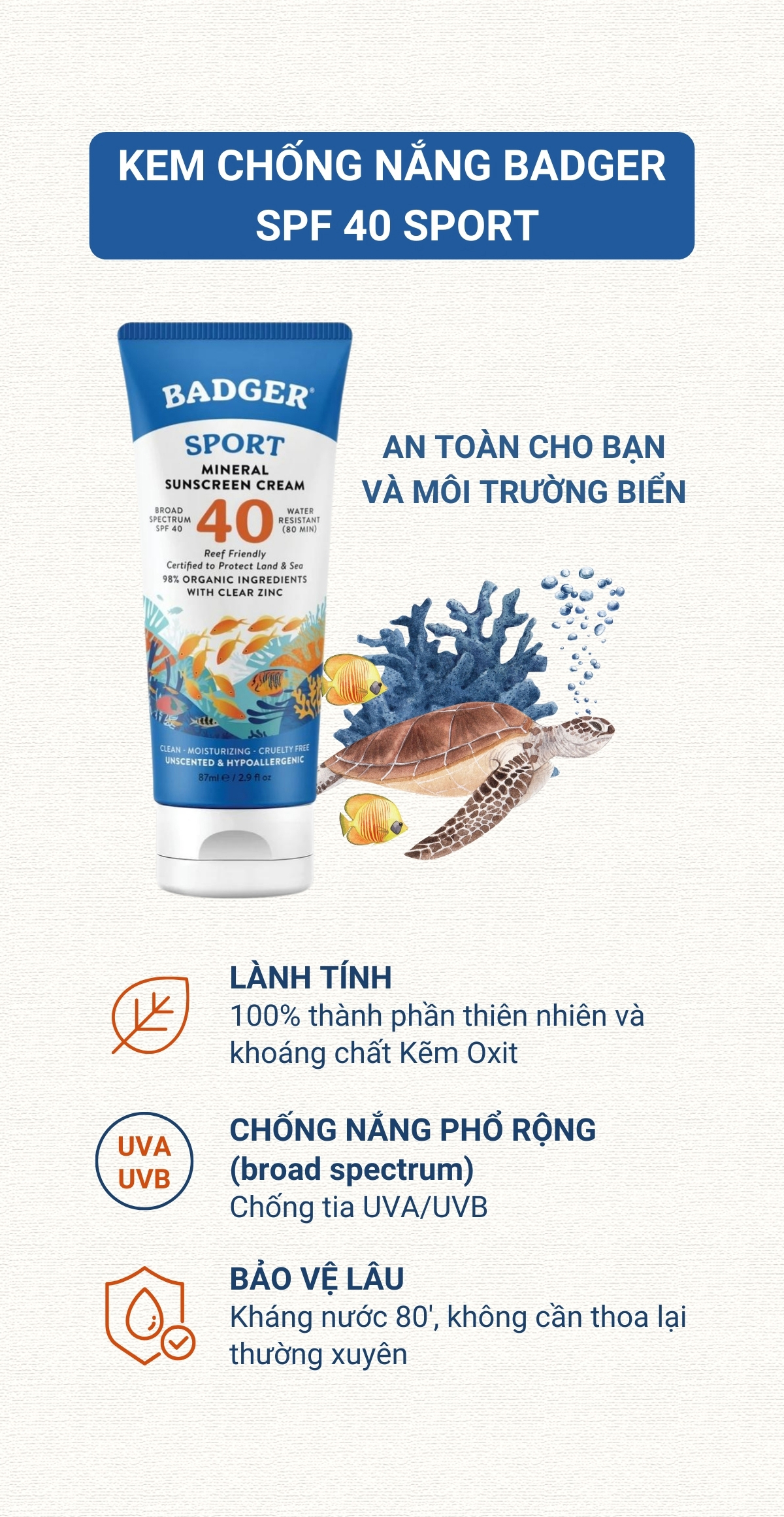 Mô tả Kem chống nắng vật lý thể thao BADGER Sport Clear SPF 40 - kháng nước mạnh, bảo vệ phổ rộng an toàn san hô - 87mL - 4