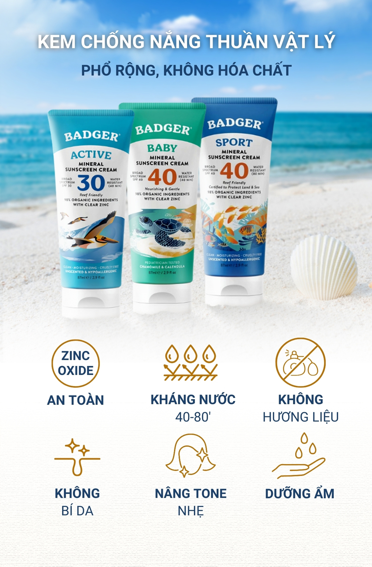Mô tả Kem chống nắng vật lý BADGER SPF 30 40 sunscreen cho mặt và body trẻ sơ sinh, em bé, người lớn - 87mL - 1