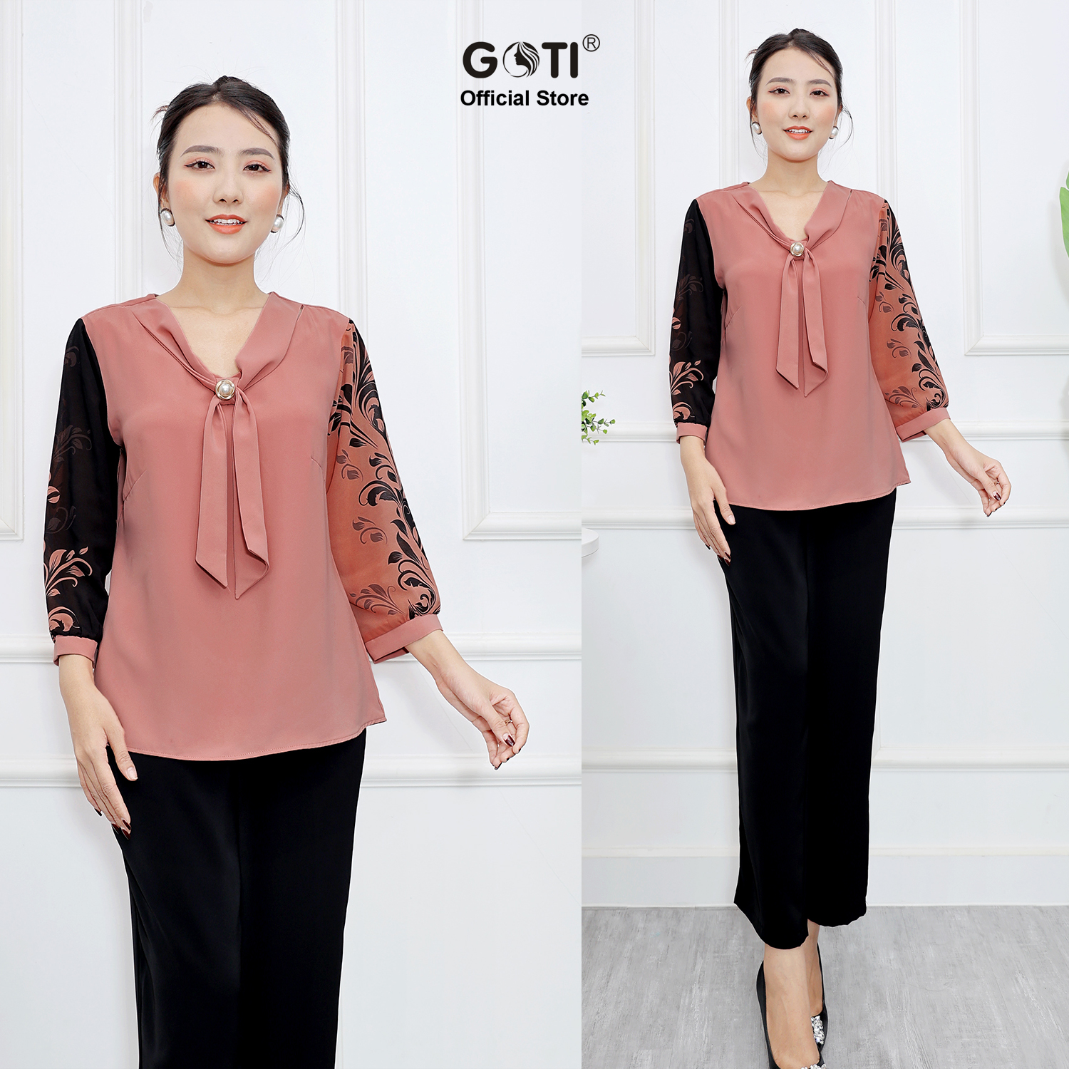 Mô tả GOTI - Áo Sơ Mi Trung Niên Nữ Cao Cấp Cổ Bẻ Tay Lỡ Nhiều Màu Trơn Có Size Tới 80 Kg 3A01 - 2