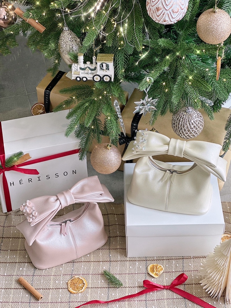 Túi nữ chow bag HÉRISSON màu kem nhũ kèm nơ tháo rời | Shopee Việt Nam