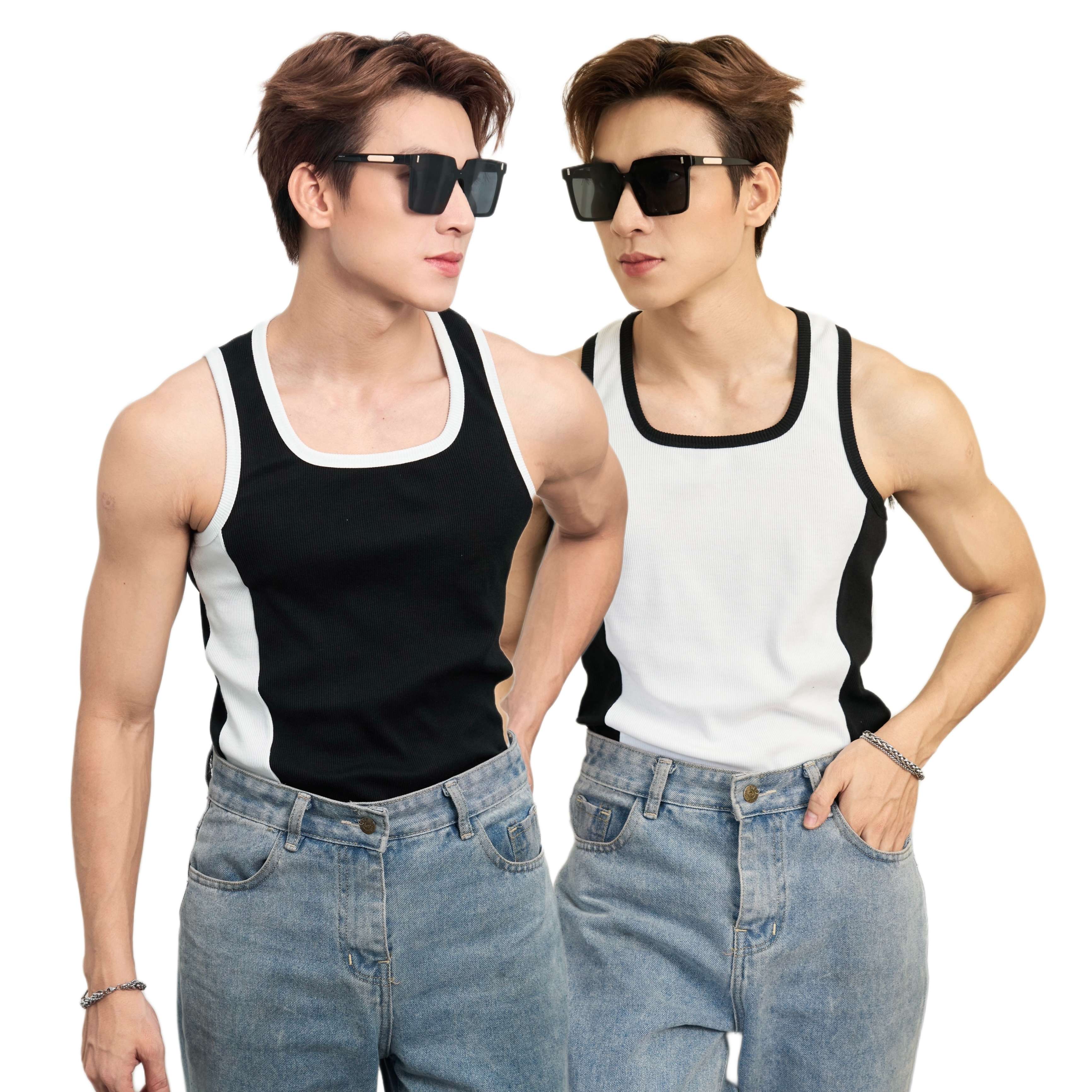 Mô tả Áo Thun Ba Lỗ Tanktop Cổ Vuông Phối Sọc Trắng Đen Form Body Thun Tăm Gân Thương Hiệu Mr Twins - 1