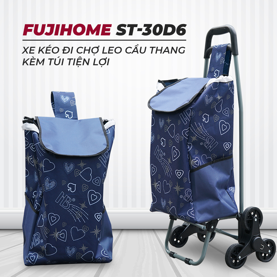 Mô tả Xe kéo đi chợ nhập khẩu FUJIHOME ST-30D6 Tải trọng 30kg - 6 bánh leo cầu thang - kèm túi vải đi kèm - 3
