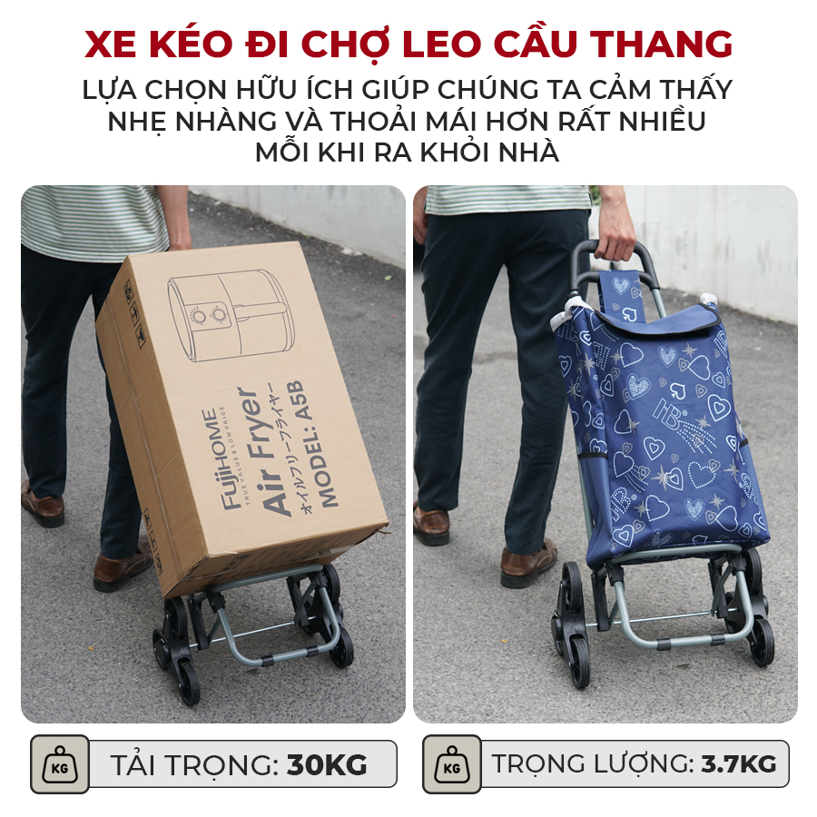 Mô tả Xe kéo đi chợ nhập khẩu FUJIHOME ST-30D6 Tải trọng 30kg - 6 bánh leo cầu thang - kèm túi vải đi kèm - 6