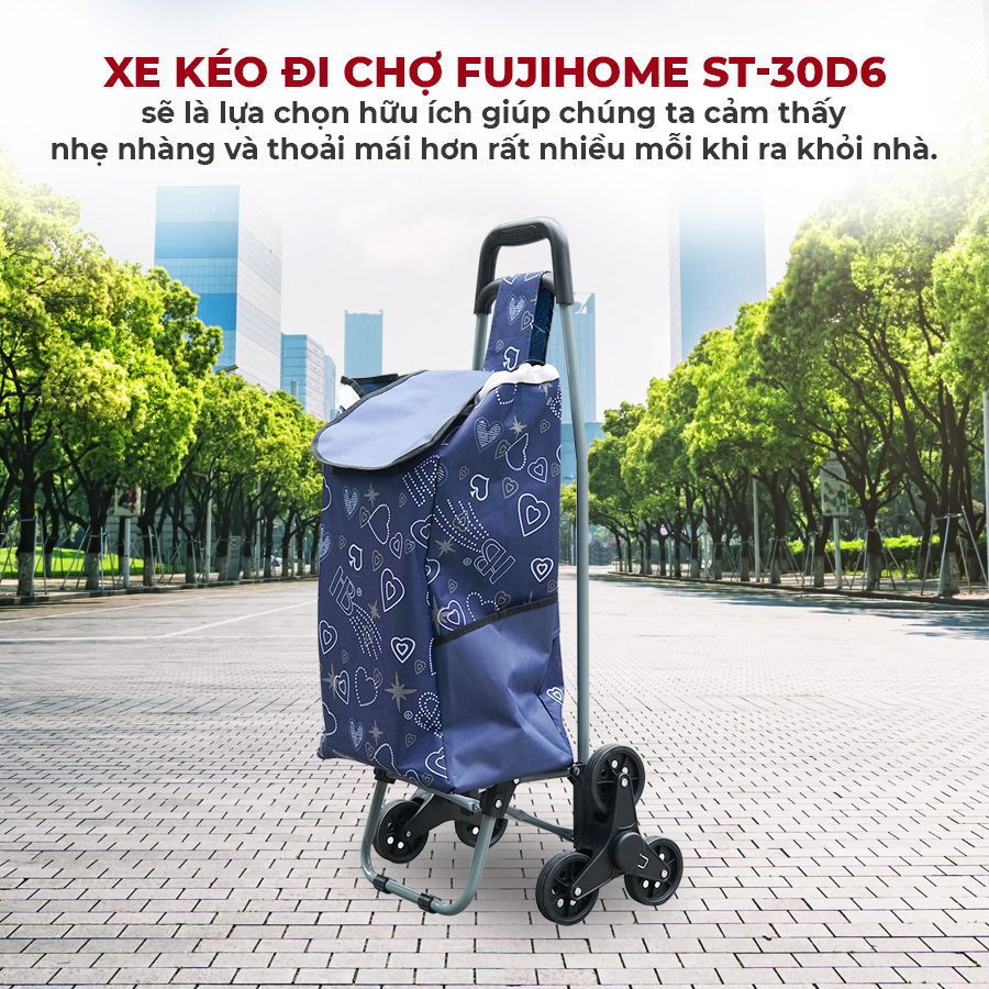 Mô tả Xe kéo đi chợ nhập khẩu FUJIHOME ST-30D6 Tải trọng 30kg - 6 bánh leo cầu thang - kèm túi vải đi kèm - 8