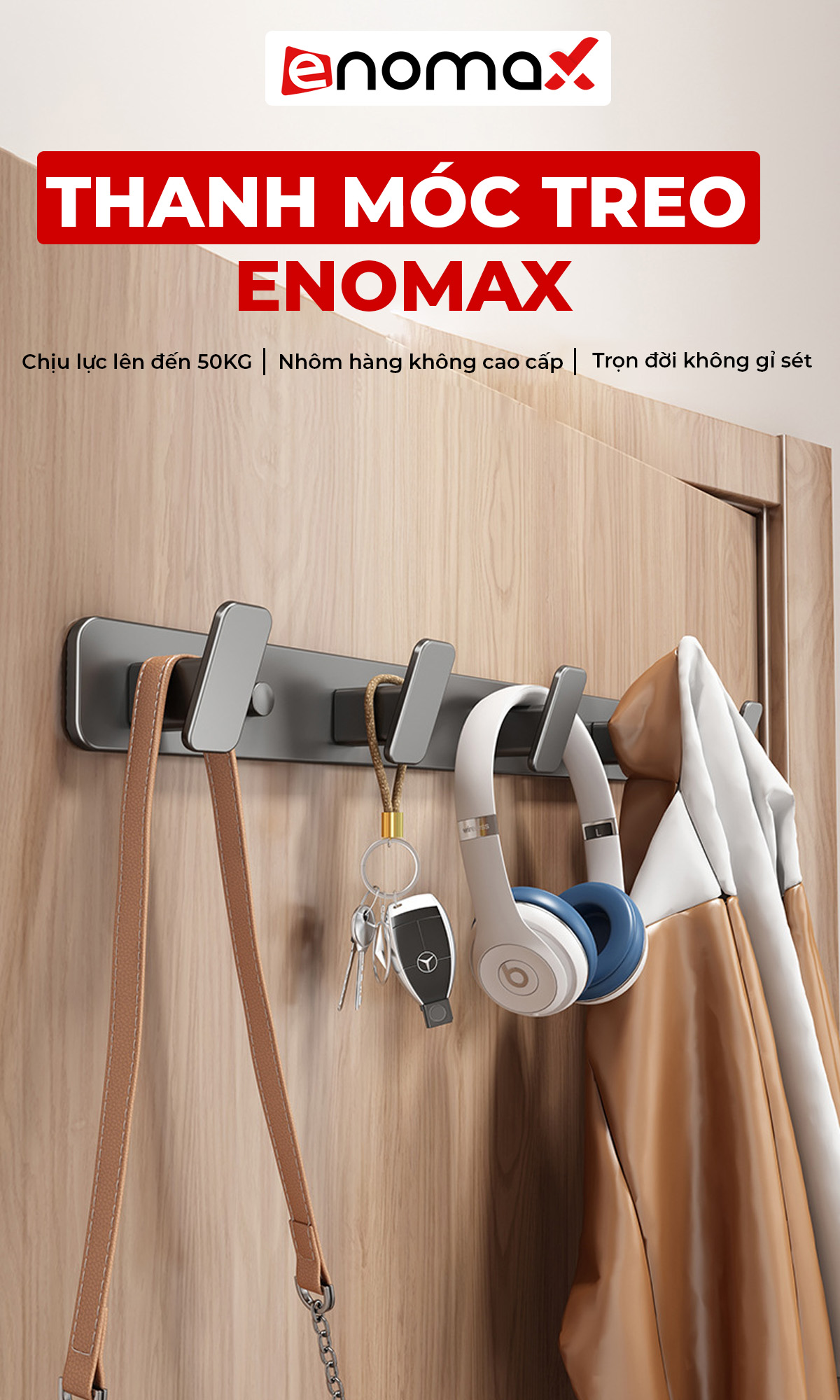 Móc treo quần áo dán tường Enomax chất liệu nhôm hàng không