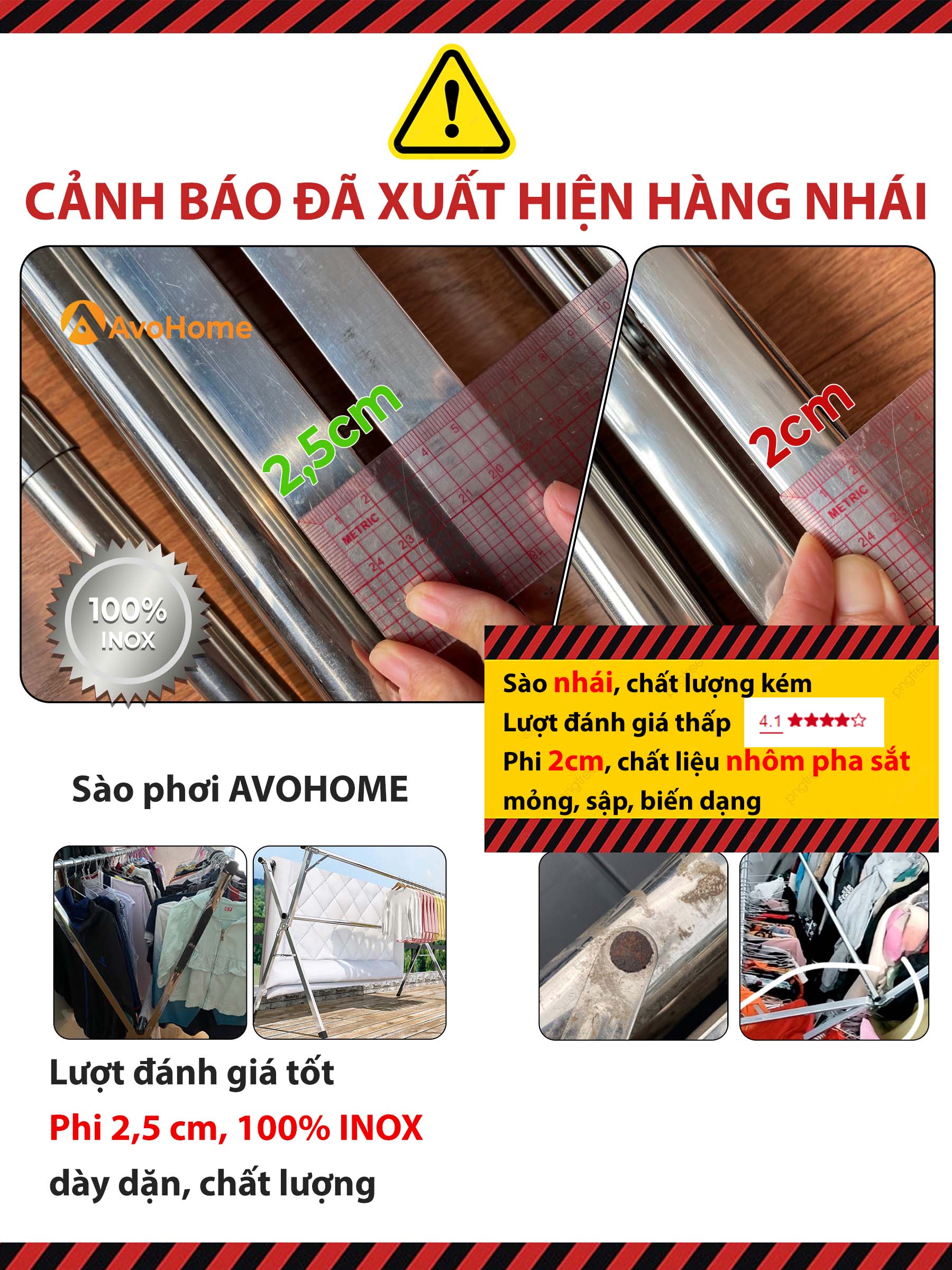Chất liệu Inox của Sào phơi AVOHOME