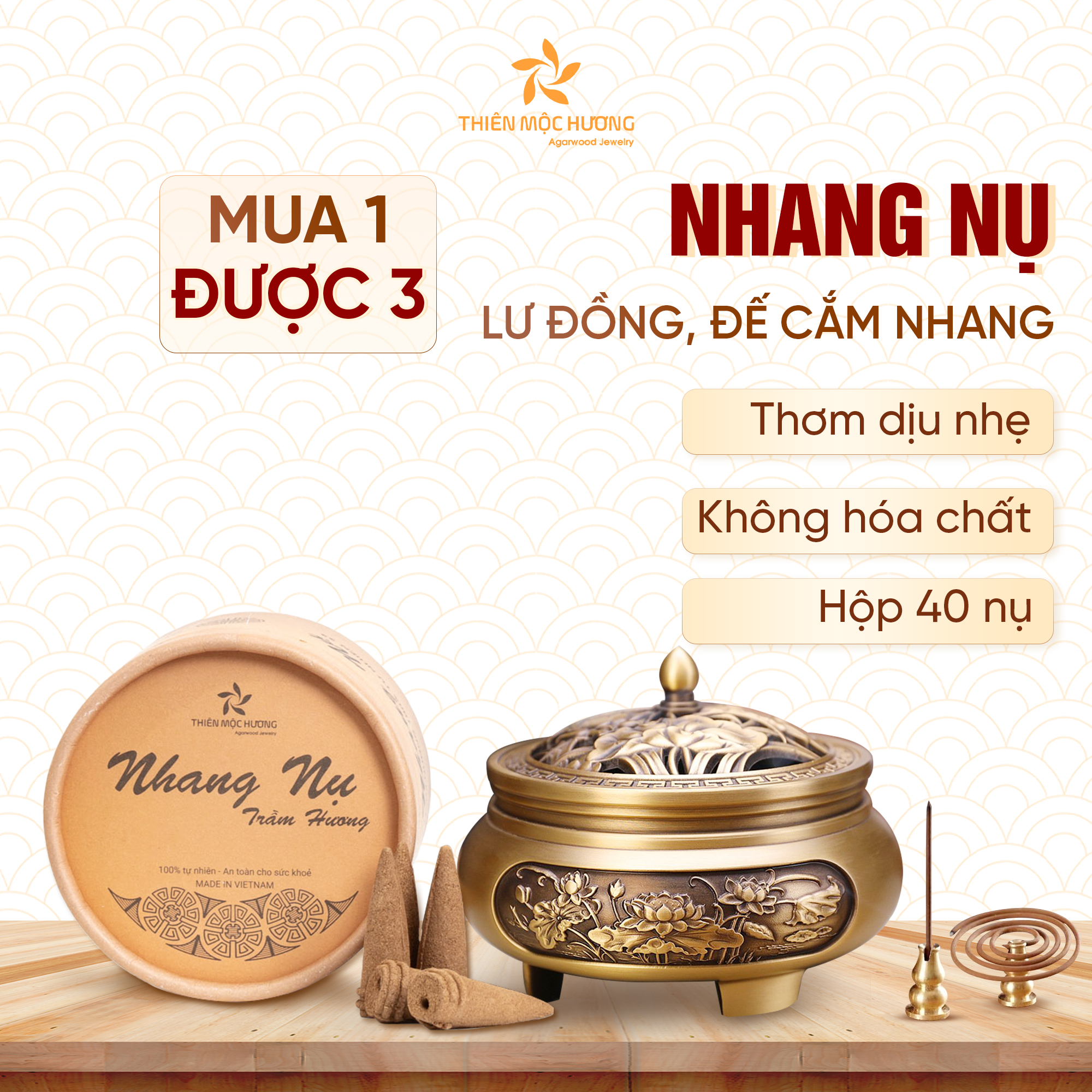 Mô tả Combo nhang nụ trầm hương Thiên Mộc Hương hộp 40 nụ kèm lư đồng xông trầm thơm nhà, đón tài lộc - 1