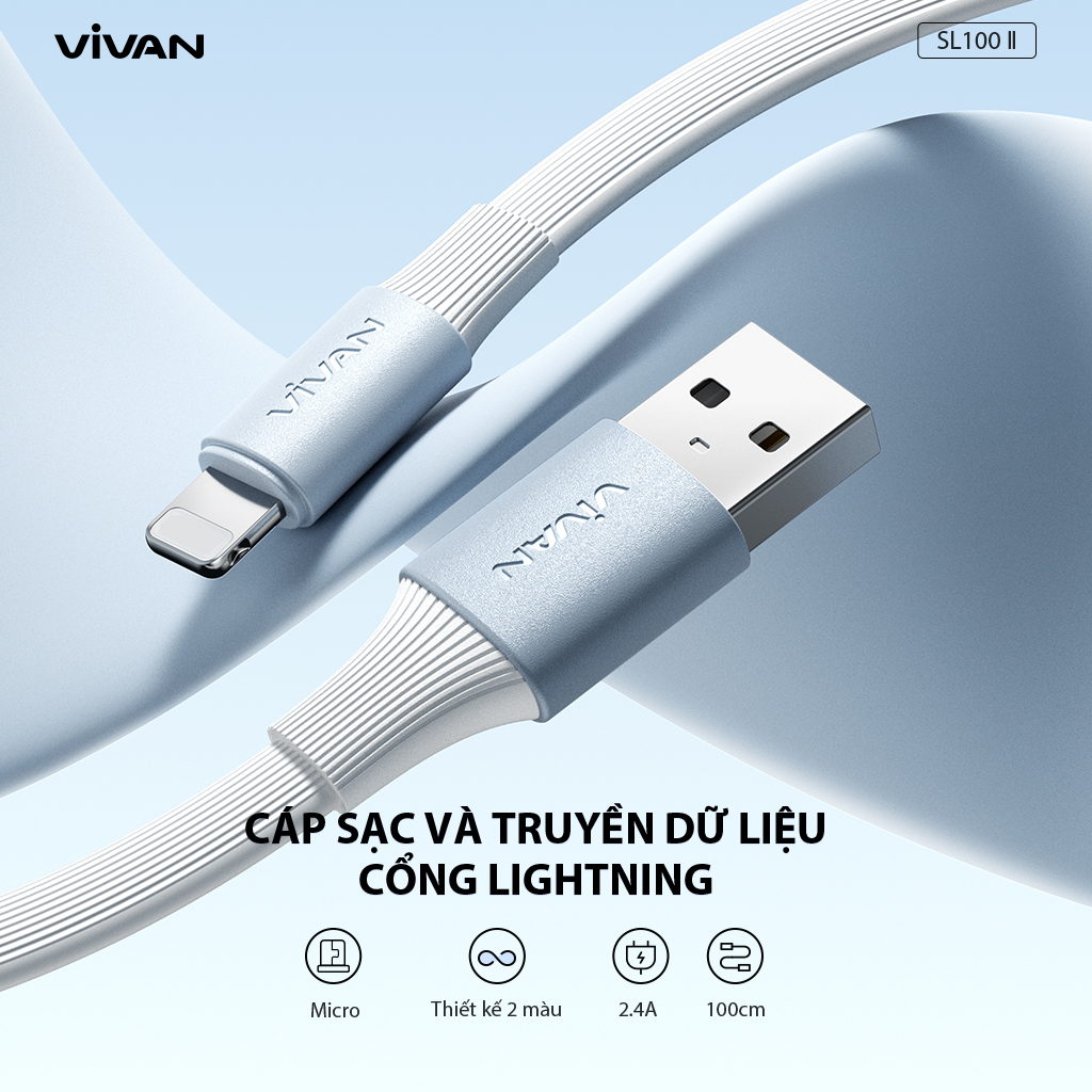 Mô tả Cáp Sạc Nhanh VIVAN SC100 II/ SL100 II (Type C/ Táo), Màu Trắng Xanh - Công Suất 2.4A, Dài 100cm - 3