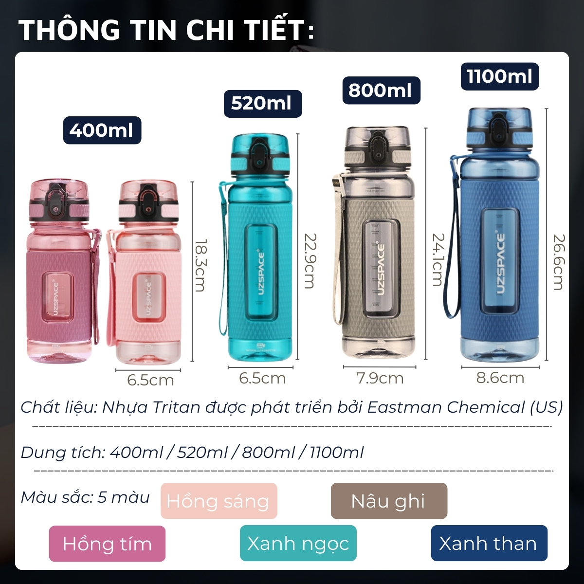 Mô tả Bình đựng nước bằng nhựa tritan cao cấp DandiHome Uzspace 400/520/800/1100ml - 2