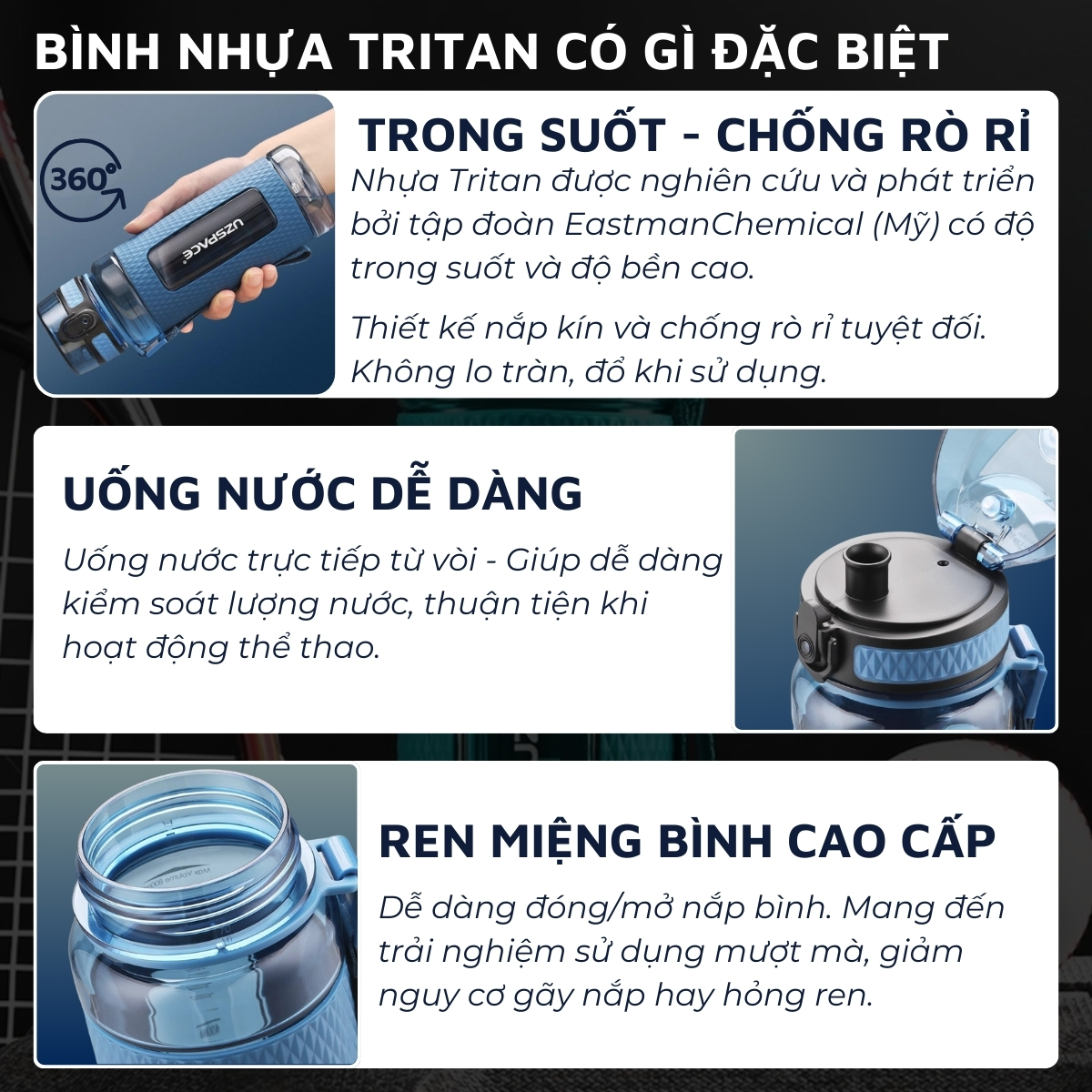 Mô tả Bình đựng nước bằng nhựa tritan cao cấp DandiHome Uzspace 400/520/800/1100ml - 7