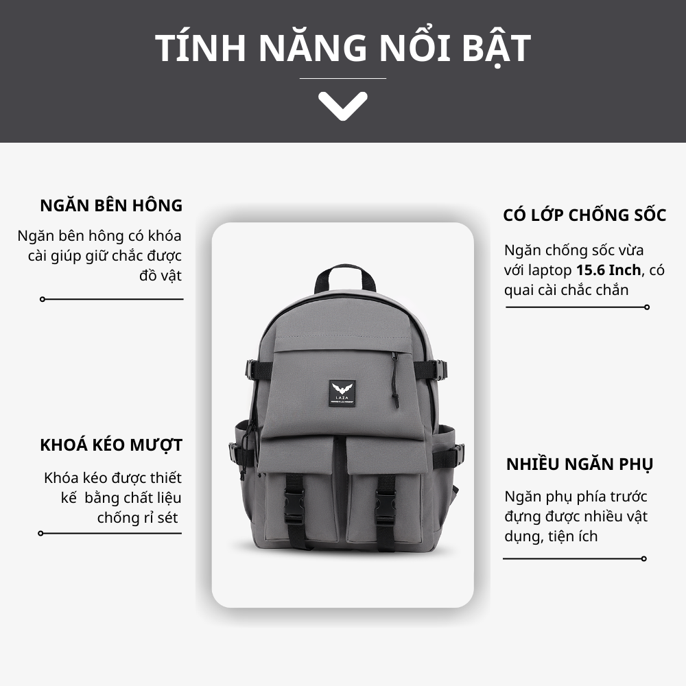 Mô tả Balo nam nữ thời trang LAZA Rosy Backpack 496 chất liệu trượt nước cao cấp - 3