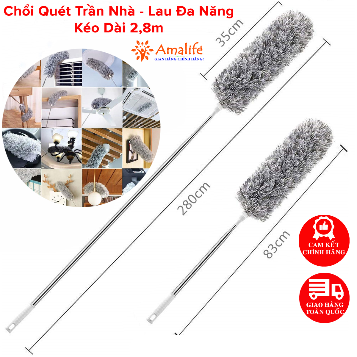 Mô tả Chổi Phất Trần Lau Chùi Quét Trần Nhà Bụi Bẩn Mạng Nhện Trên Cao Có Cán Inox Điều Chỉnh Độ Dài Tới 2,8m Hãng Amalife - 1