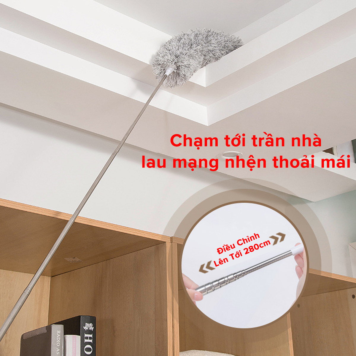 Mô tả Chổi Phất Trần Lau Chùi Quét Trần Nhà Bụi Bẩn Mạng Nhện Trên Cao Có Cán Inox Điều Chỉnh Độ Dài Tới 2,8m Hãng Amalife - 3