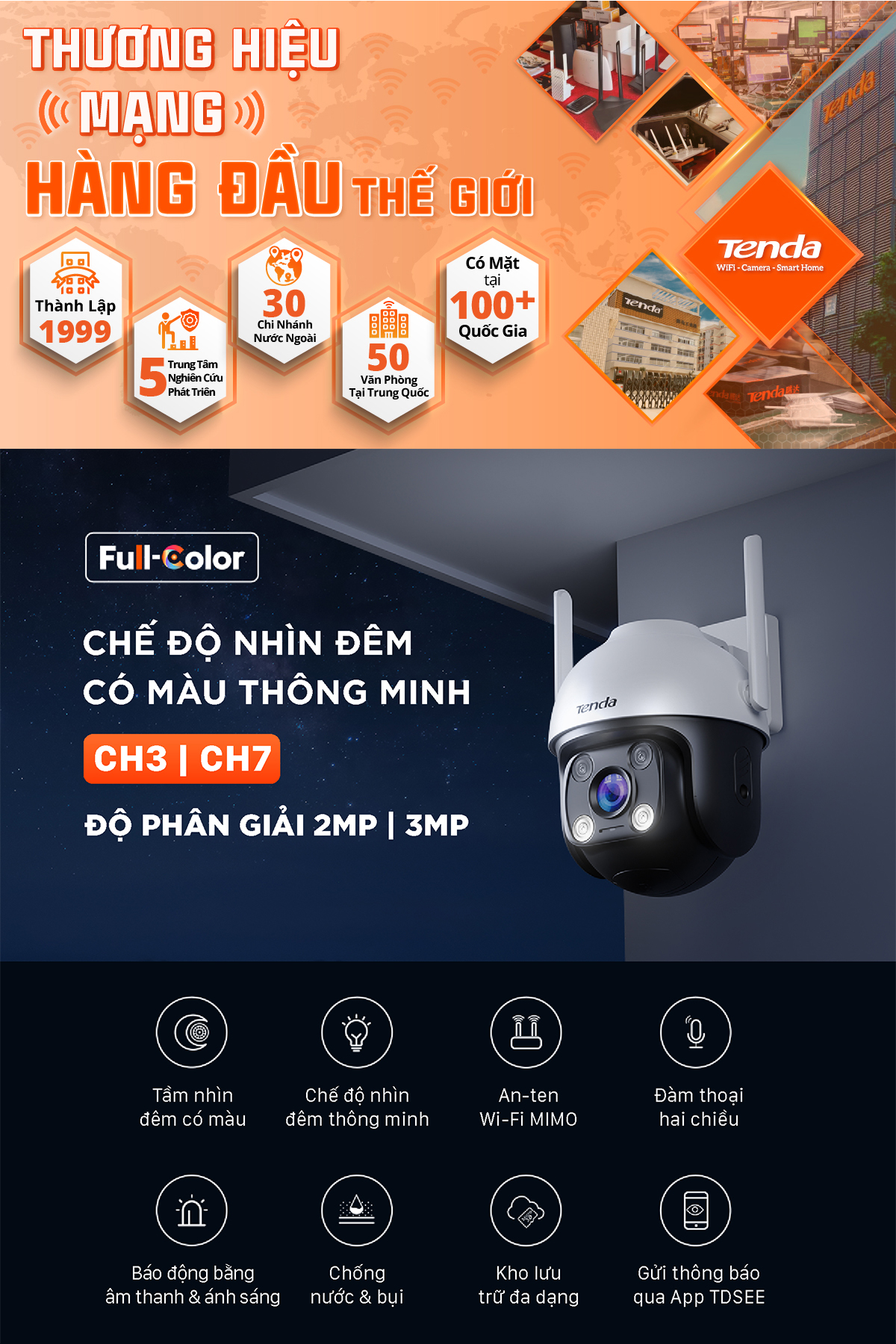 Mô tả Camera WiFi Tenda Ngoài Trời CH3/RH7 FHD 1080P/2MP/4MP/2K, Quay Quét 360 Độ, Tích Hợp Công Nghệ AI - 1