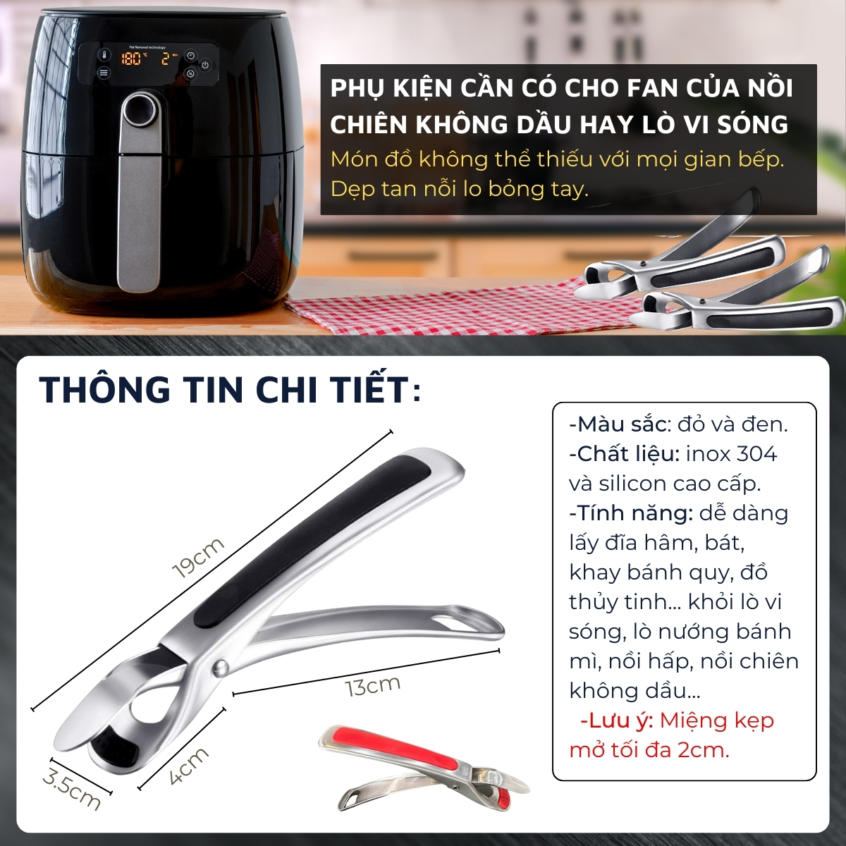 Mô tả Dụng cụ kẹp gắp đồ nóng Dandihome inox 304 với mút silicon chống trơn trượt - 2