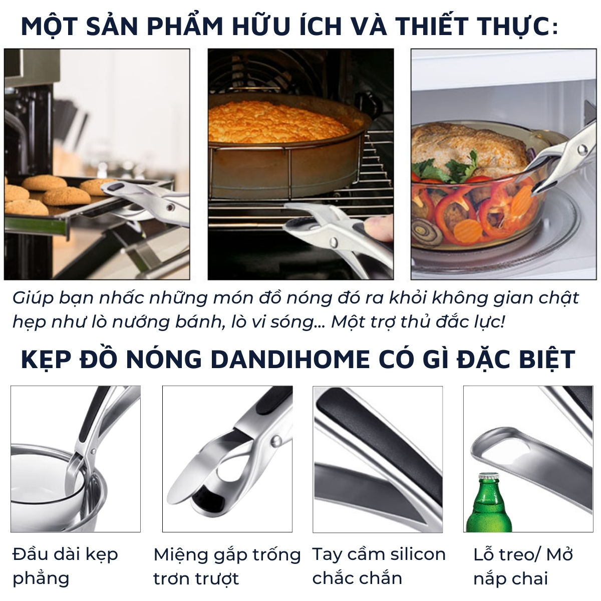 Mô tả Dụng cụ kẹp gắp đồ nóng Dandihome inox 304 với mút silicon chống trơn trượt - 3