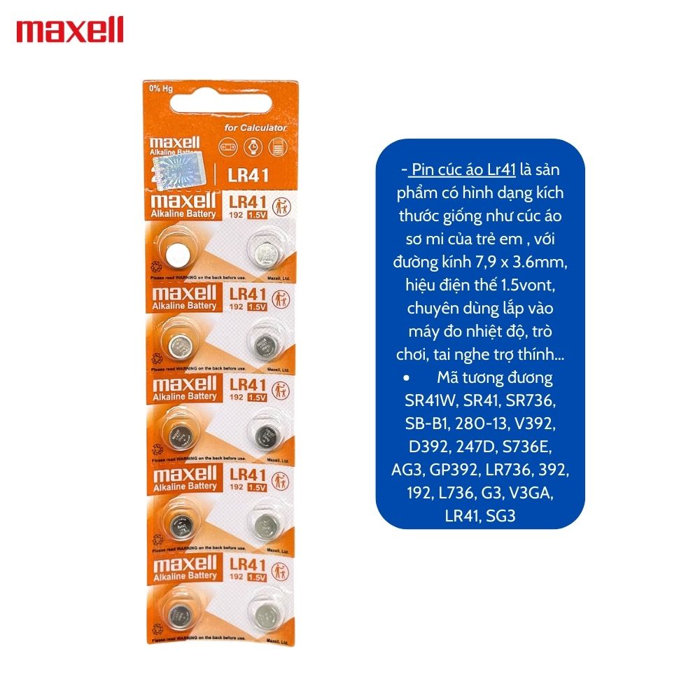 Vỉ 10 Viên Pin LR41 / AG3 / 192 / 736 Maxell 1,5V - Hàng chính hãng ...