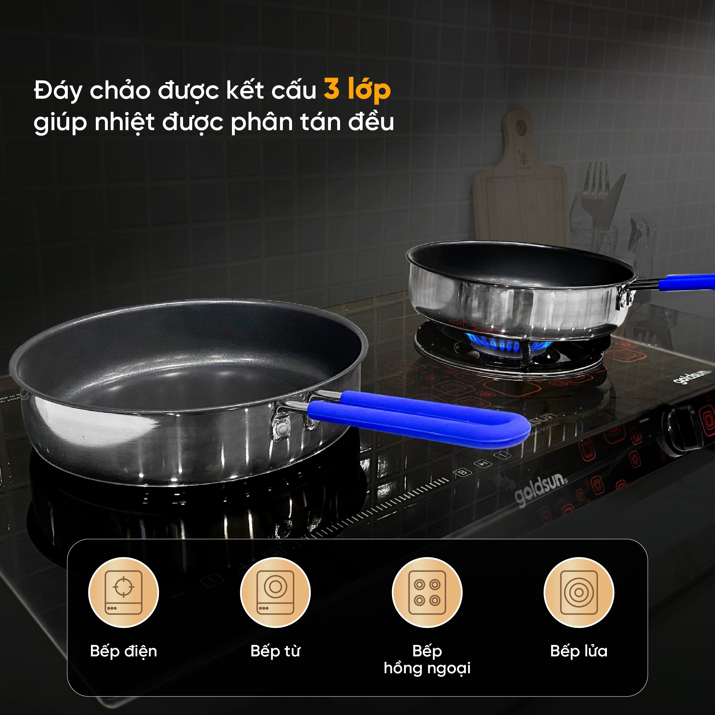 Mô tả Chảo Inox Chống Dính Goldsun GPA1402 Đáy Từ 3 Lớp Chống Dính Sử Dụng Trên Mọi Loại Bếp - 3