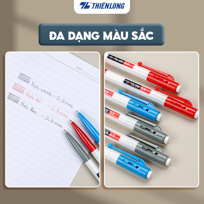 Mô tả Combo 5/10/20 Bút bi Thiên Long TL-08 - Viết bi ngòi 0.8mm mực xanh/đỏ/đen thiết kế tối giản, dễ sử dụng, dạng bấm cò - 4