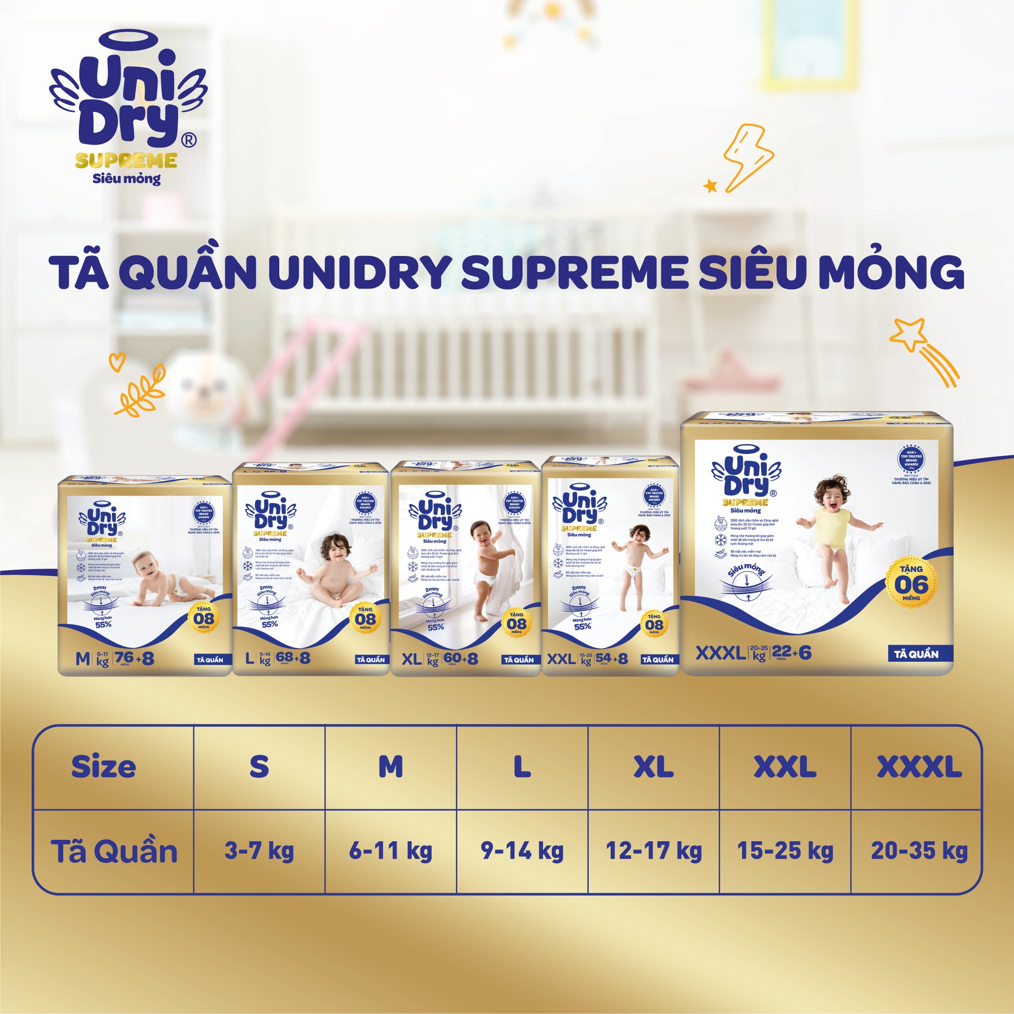 Tã quần Unidry siêu mỏng G3X Supreme size size M76/L68/XL60/XXL54/XXL22+ 8 miếng05