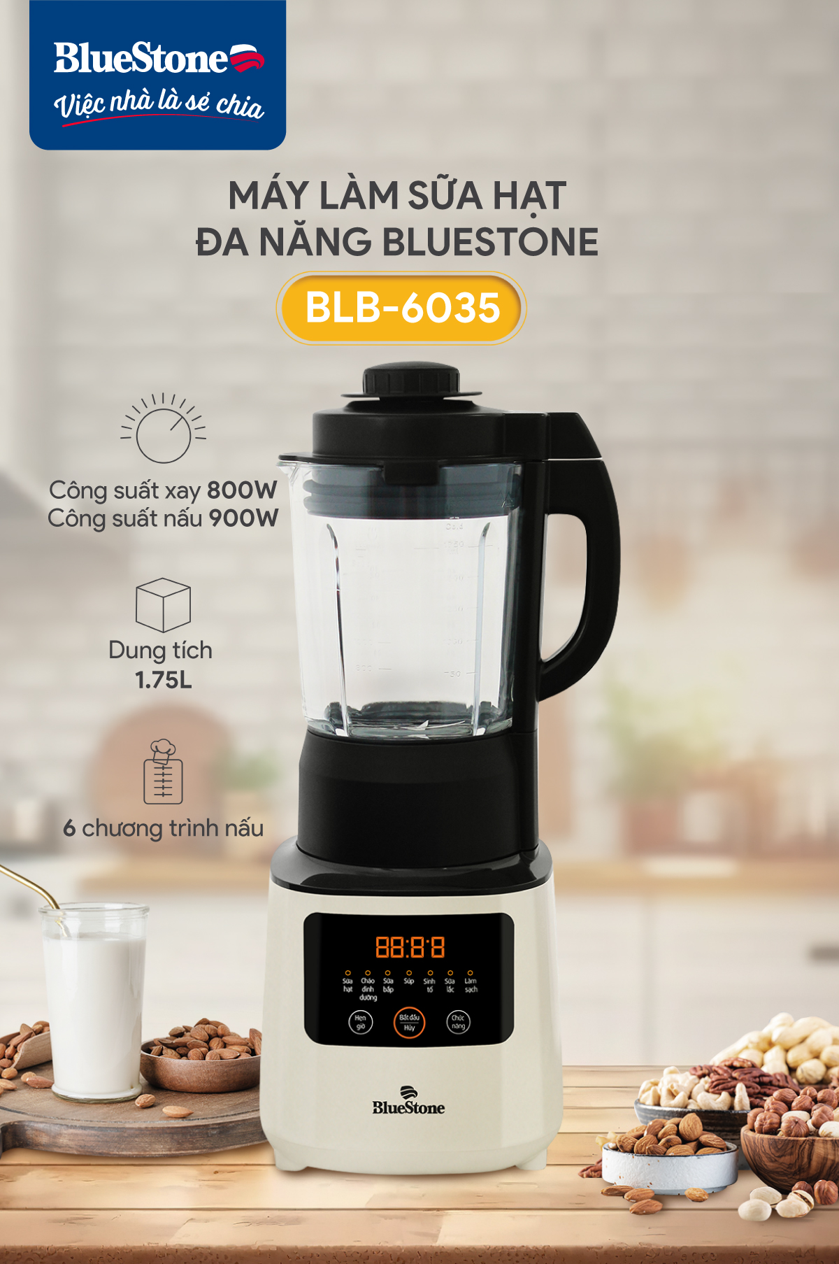 Mô tả Máy Xay Nấu và Làm Sữa Hạt Đa Năng BlueStone BLB-6035 - 1.75 Lít - Bảo hành 2 năm - 1