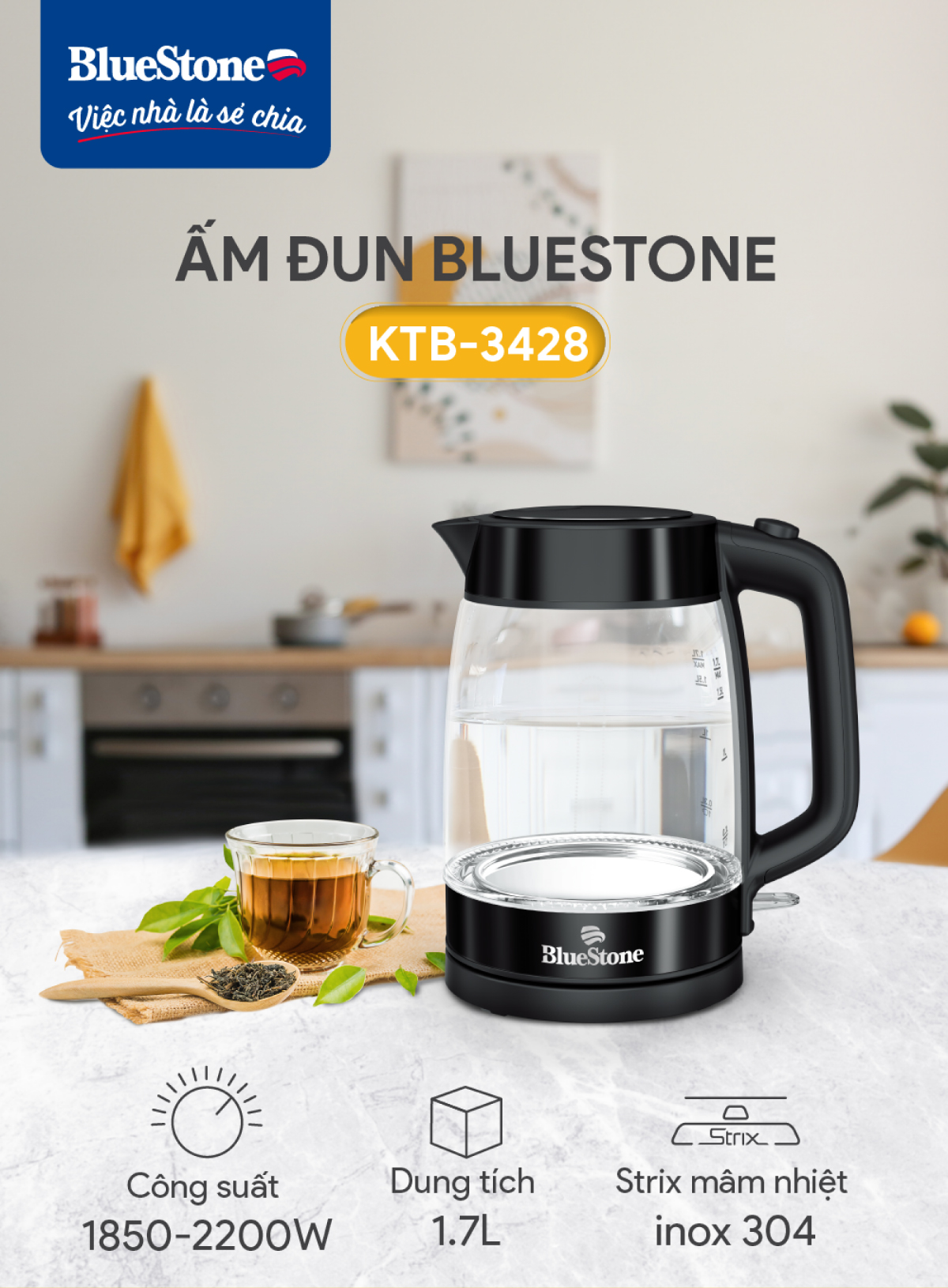 Mô tả Ấm Đun Siêu Tốc Thuỷ Tinh BlueStone KTB-3428 - 1.7 Lít - 2200W - điều khiển Strix - 1