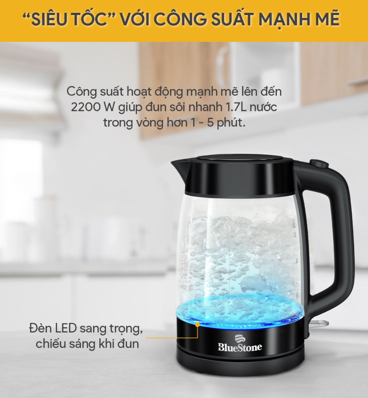 Mô tả Ấm Đun Siêu Tốc Thuỷ Tinh BlueStone KTB-3428 - 1.7 Lít - 2200W - điều khiển Strix - 2