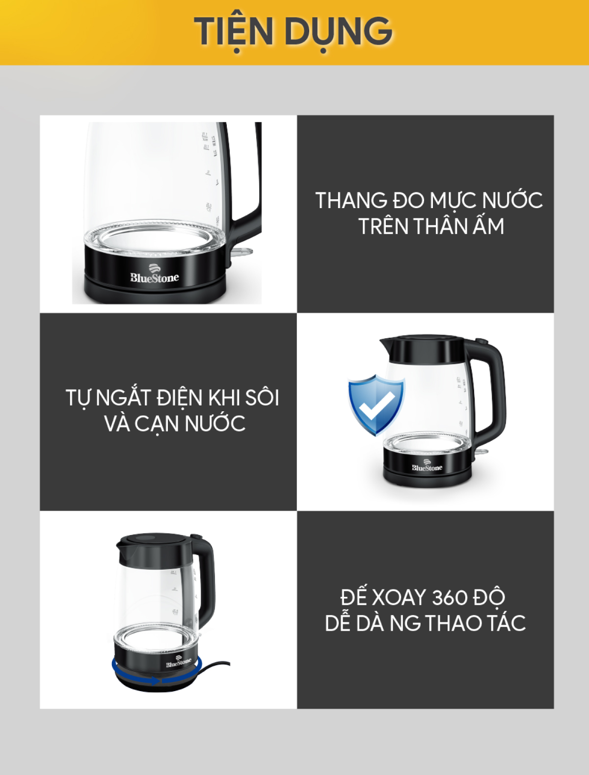 Mô tả Ấm Đun Siêu Tốc Thuỷ Tinh BlueStone KTB-3428 - 1.7 Lít - 2200W - điều khiển Strix - 5